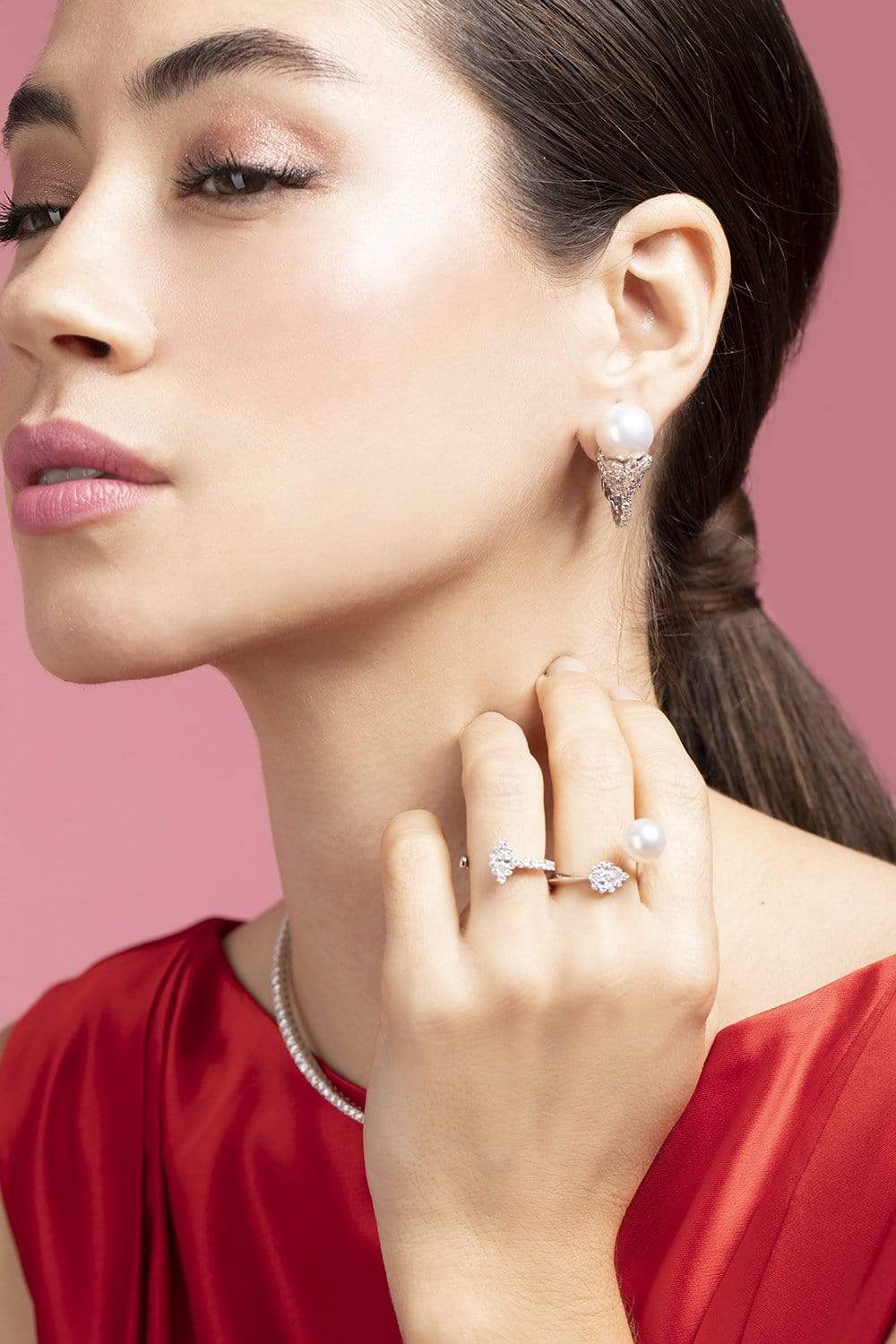 YEPREM JEWELLERY-Pearl and Diamond Huggie Earrings-WHITE GOLD