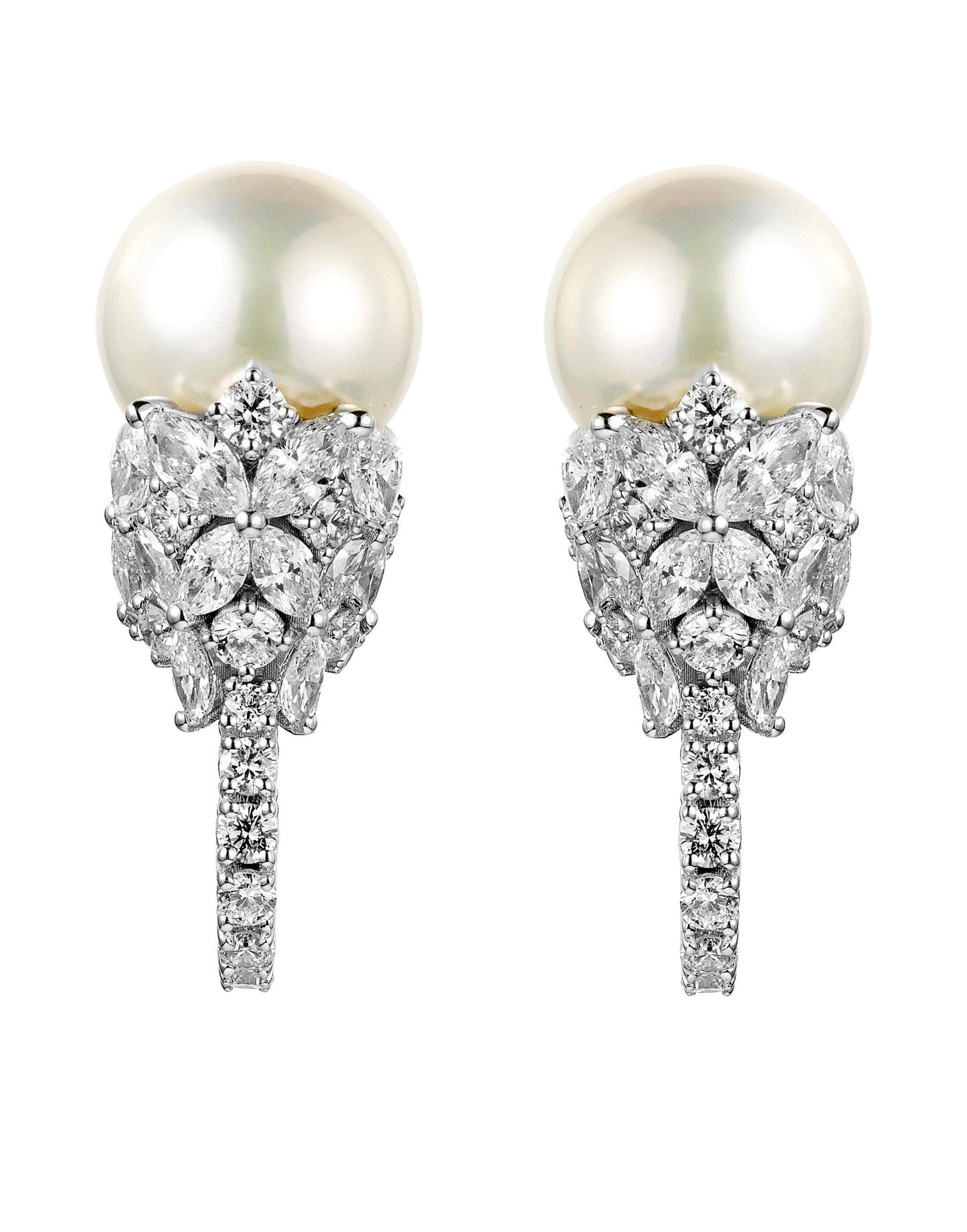 YEPREM JEWELLERY-Pearl and Diamond Huggie Earrings-WHITE GOLD