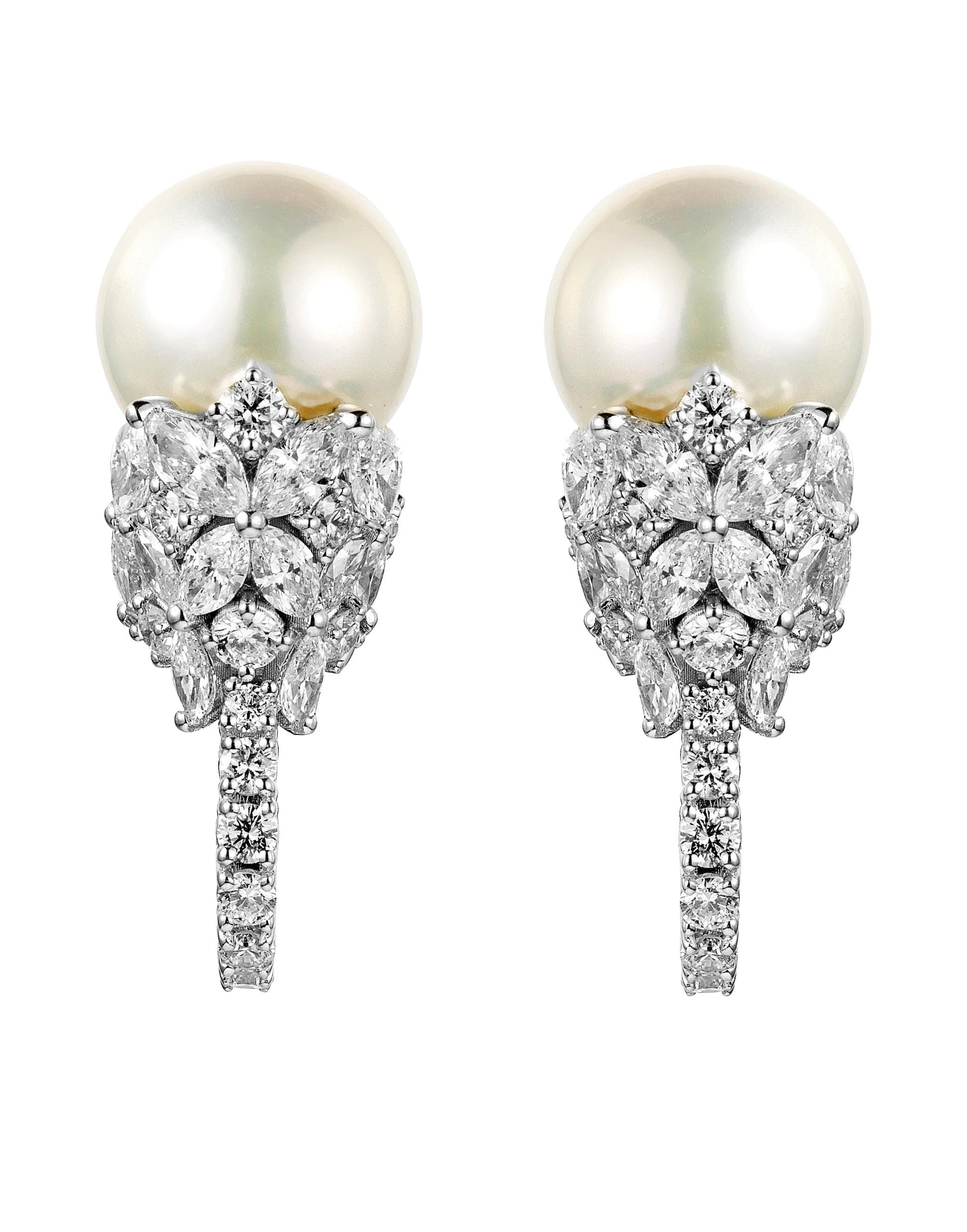 YEPREM JEWELLERY-Pearl and Diamond Huggie Earrings-WHITE GOLD