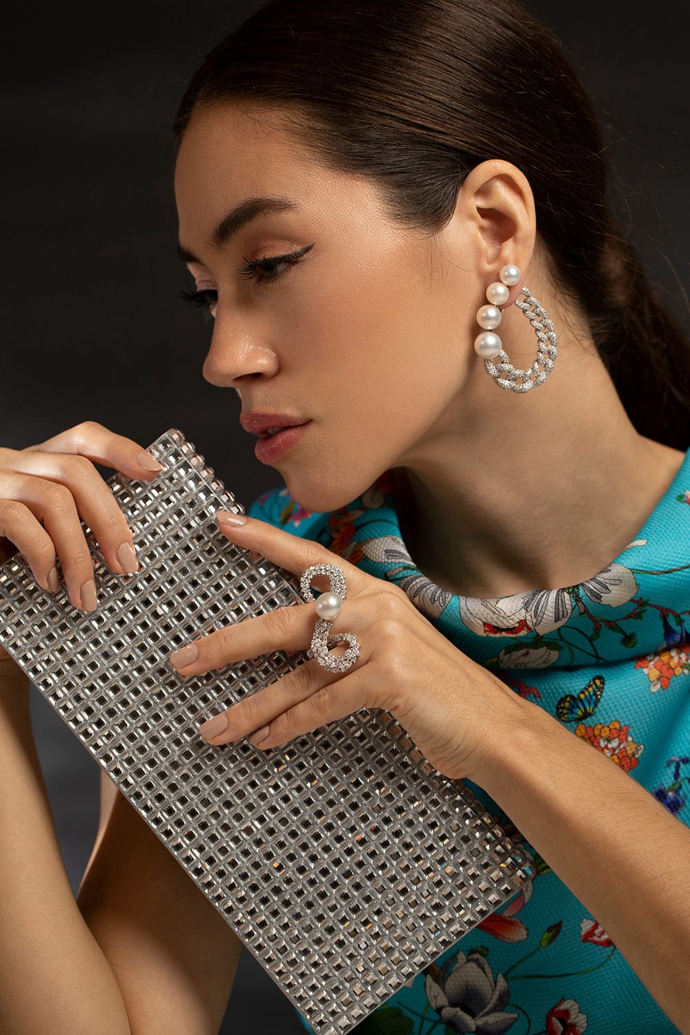 YEPREM JEWELLERY-Pearl Diamond Rope Earrings- White Gold-WHITE GOLD