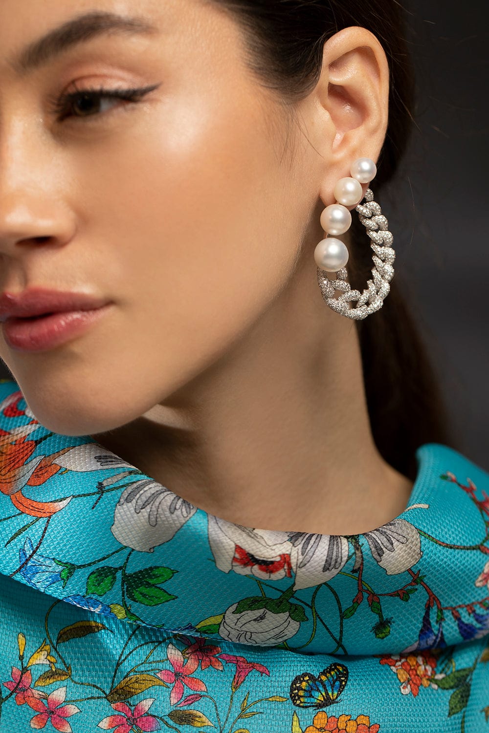 YEPREM JEWELLERY-Pearl Diamond Rope Earrings- White Gold-WHITE GOLD