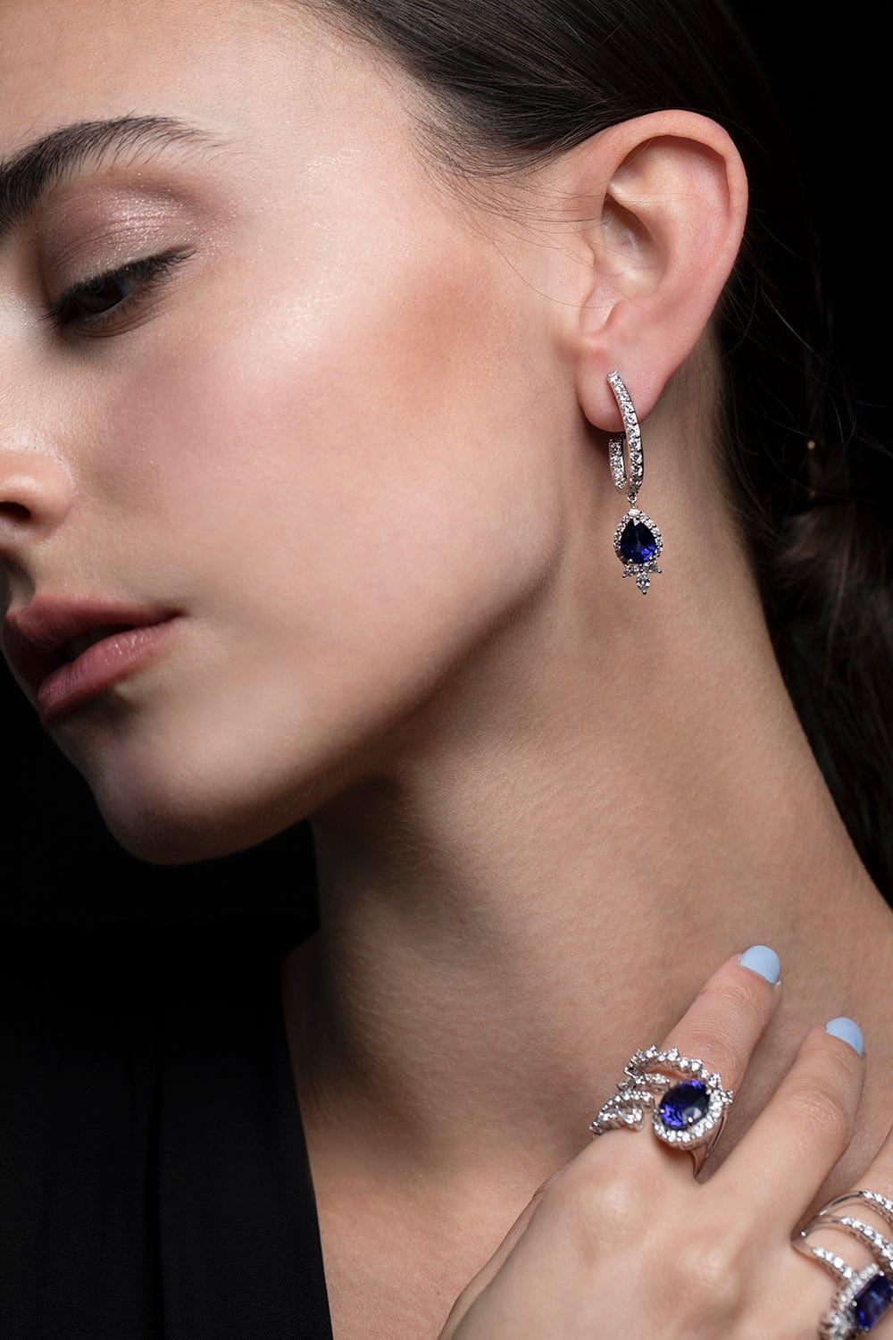 YEPREM JEWELLERY-Sapphire and Diamond Drop Earrings-WHITE GOLD