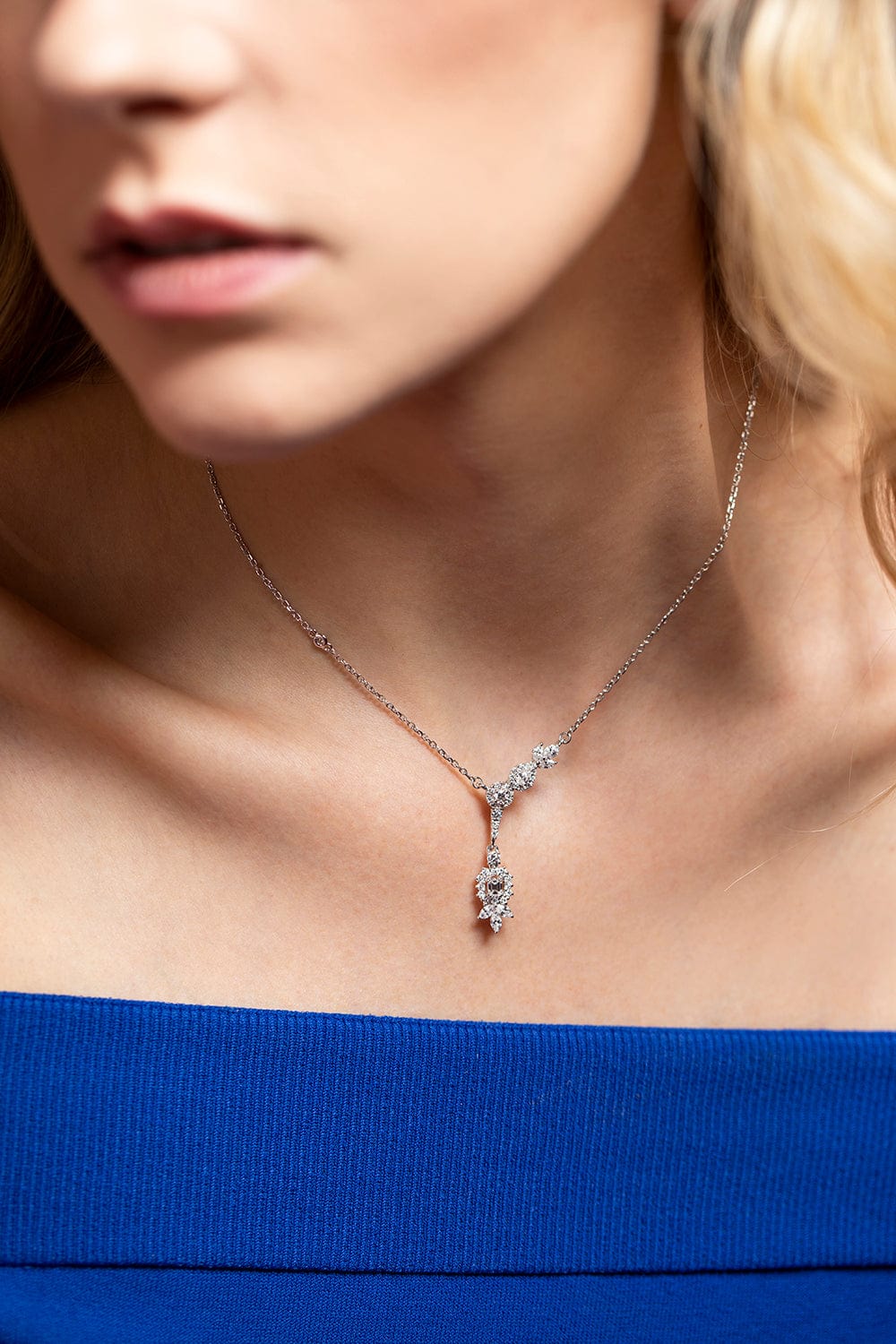 YEPREM JEWELLERY-Asymmetrical Diamond Drop Necklace-WHITE GOLD