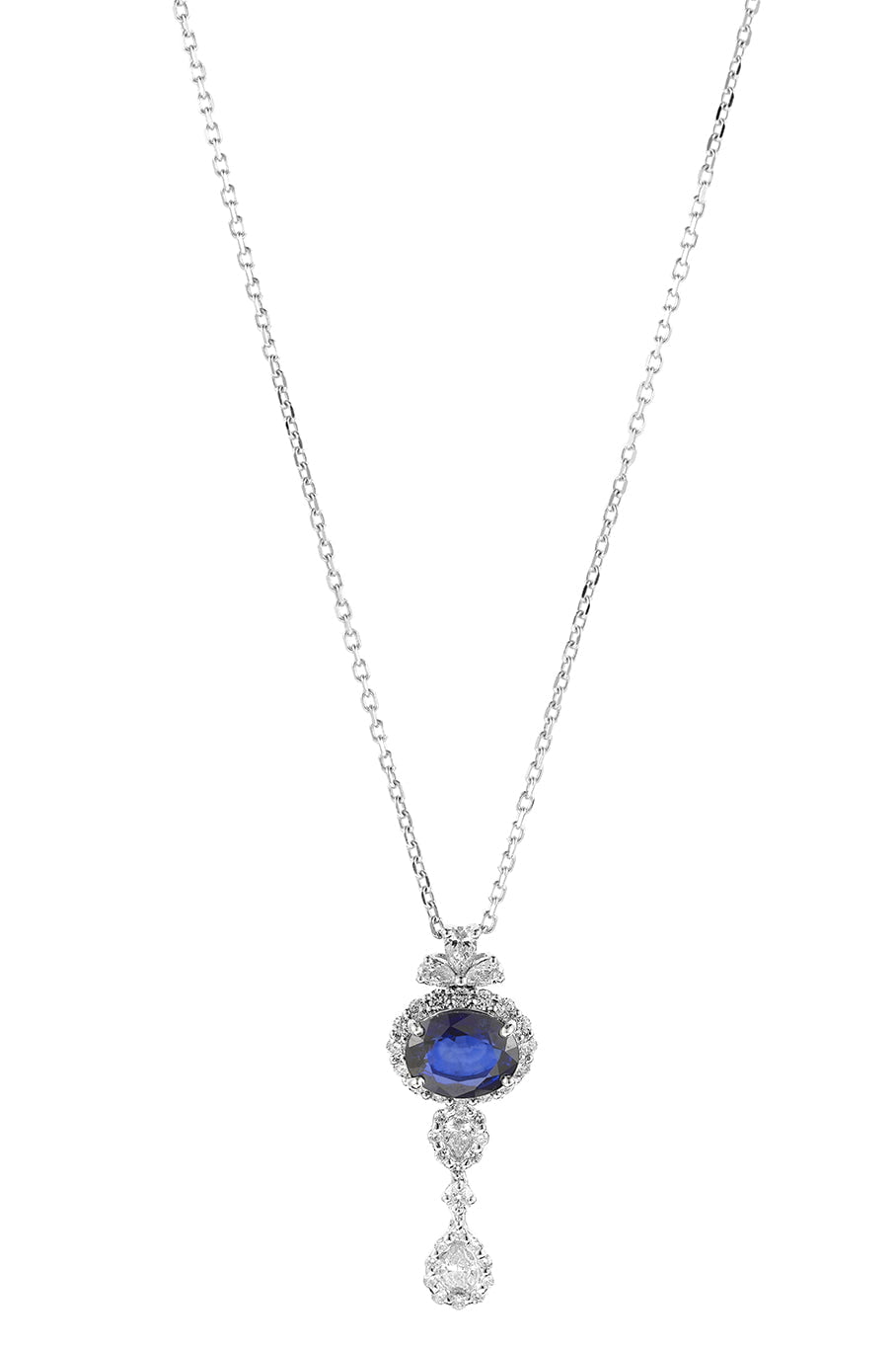 YEPREM JEWELLERY-Blue Sapphire Drop Pendant Necklace-WHITE GOLD