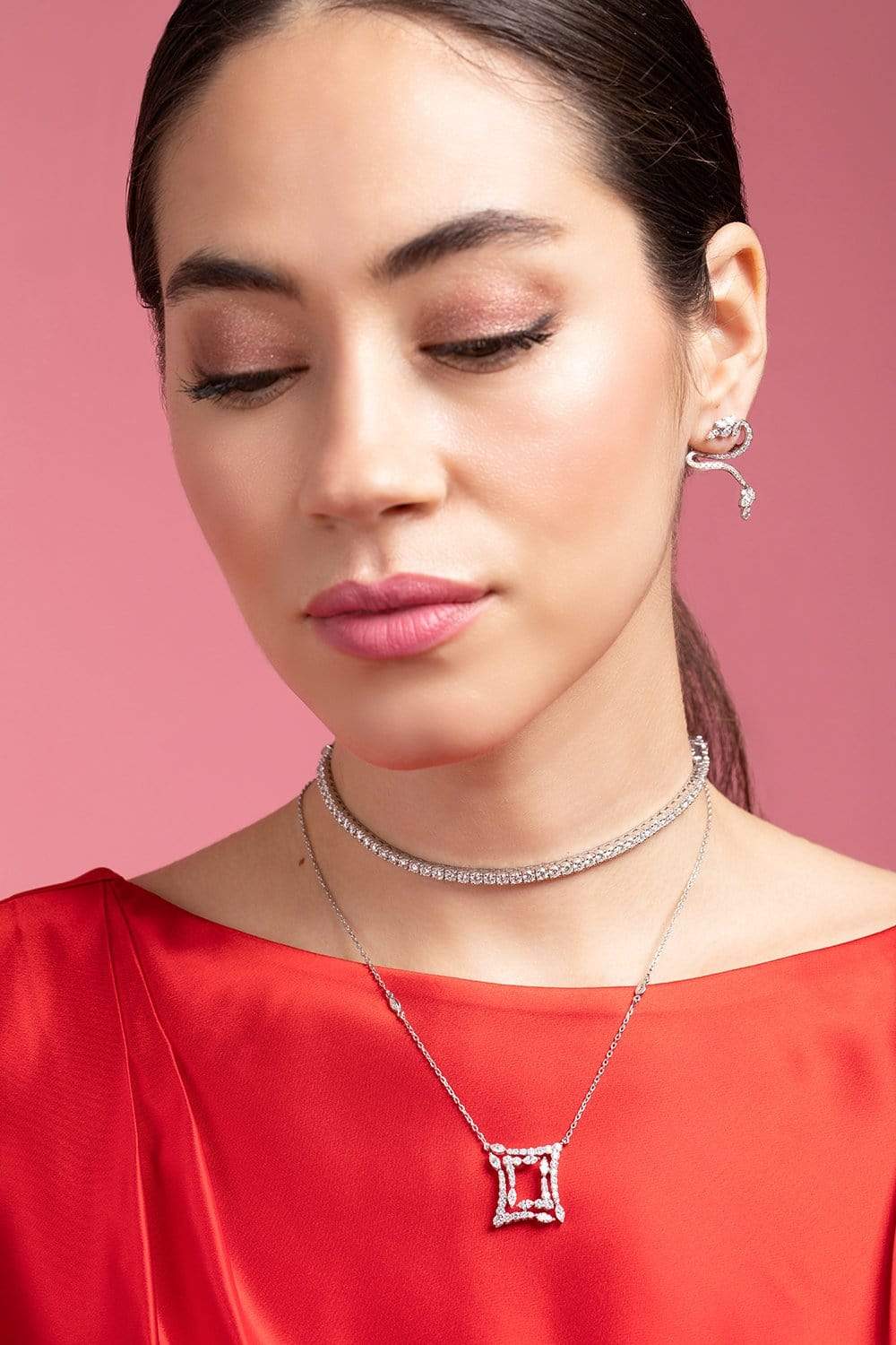 YEPREM JEWELLERY-Square Diamond Pendant Necklace-WHITE GOLD