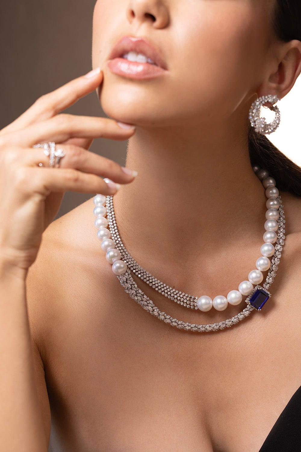 YEPREM JEWELLERY-Tanzanite Double Pearl Necklace-WHITE GOLD