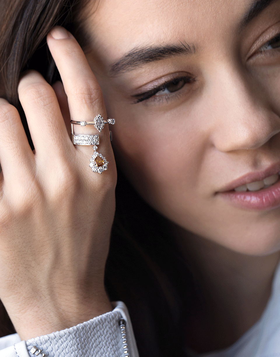 YEPREM JEWELLERY-Brown Pear Diamond Dangle Ring-WHITE GOLD