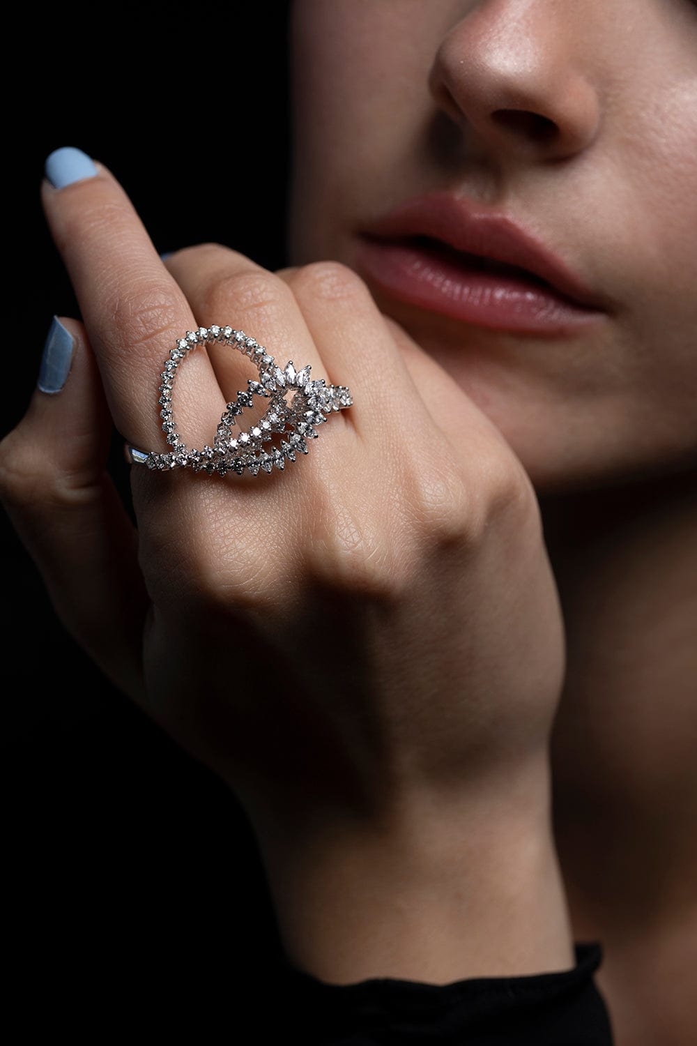 YEPREM JEWELLERY-Diamond Swirl Two Finger Ring-WHITE GOLD