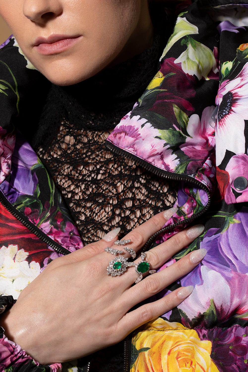 YEPREM JEWELLERY-Emerald and Marquise Diamond Ring-WHITE GOLD
