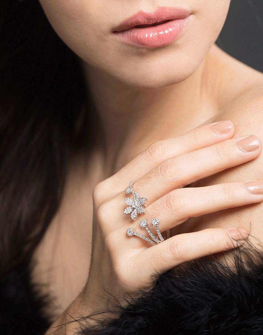 YEPREM JEWELLERY-Diamond Flower Two Finger Ring-WHITE GOLD