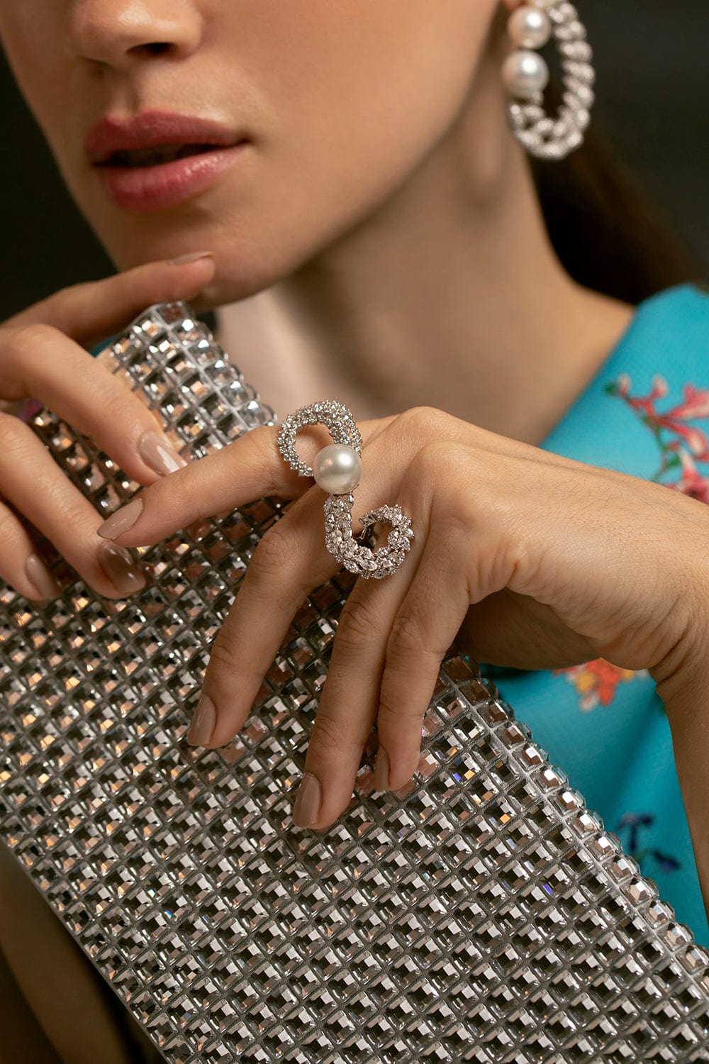 YEPREM JEWELLERY-Pearl Diamond Swirl Ring-WHITE GOLD