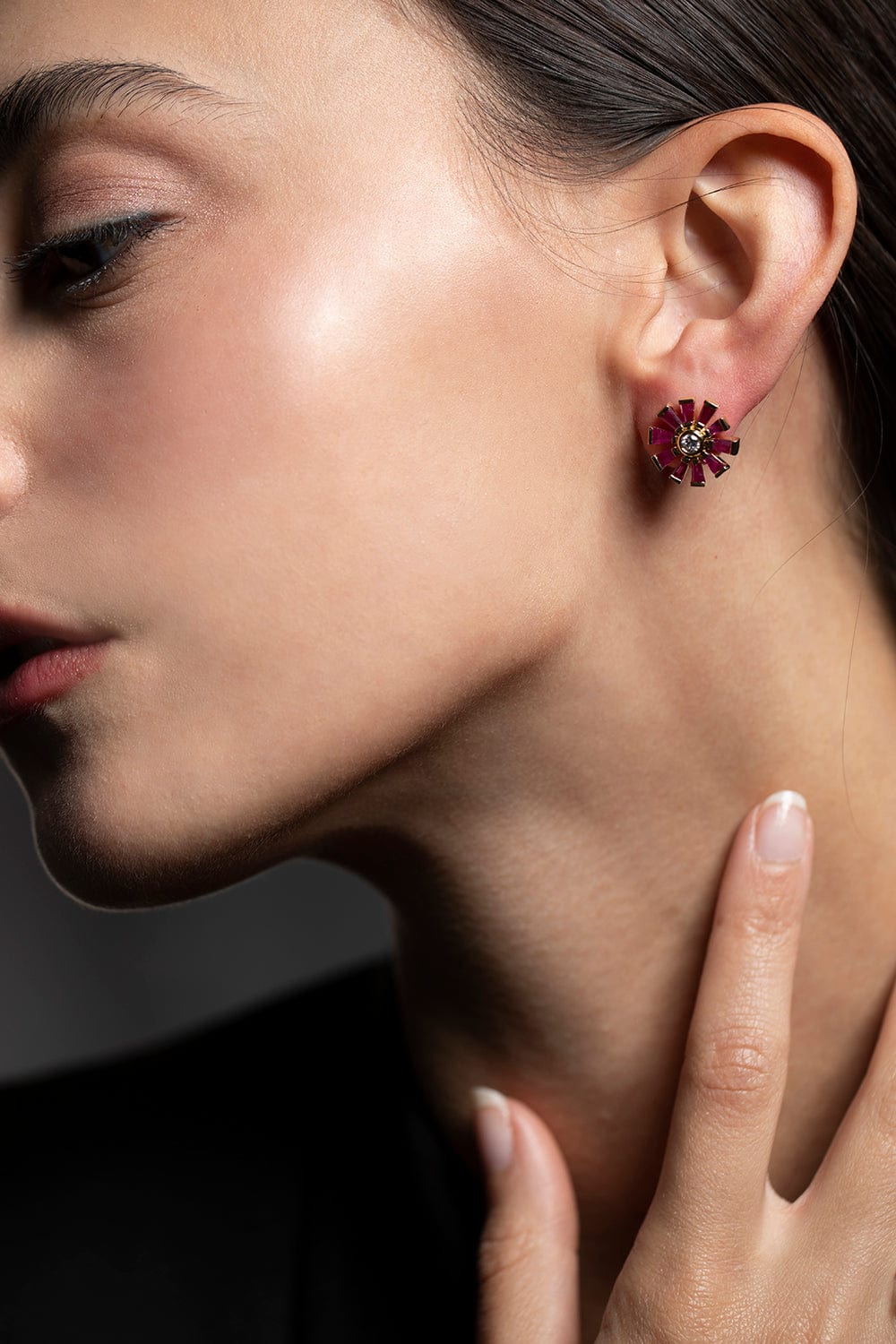 YI COLLECTION-Diamond and Ruby Daisy Earrings-YELLOW GOLD