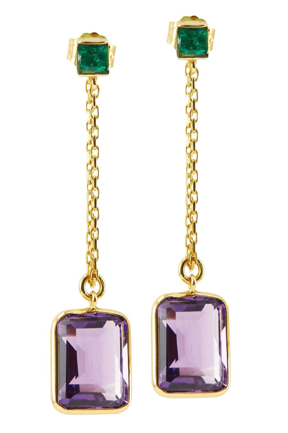 YI COLLECTION-Emerald Amethyst Chain Earrings-YELLOW GOLD