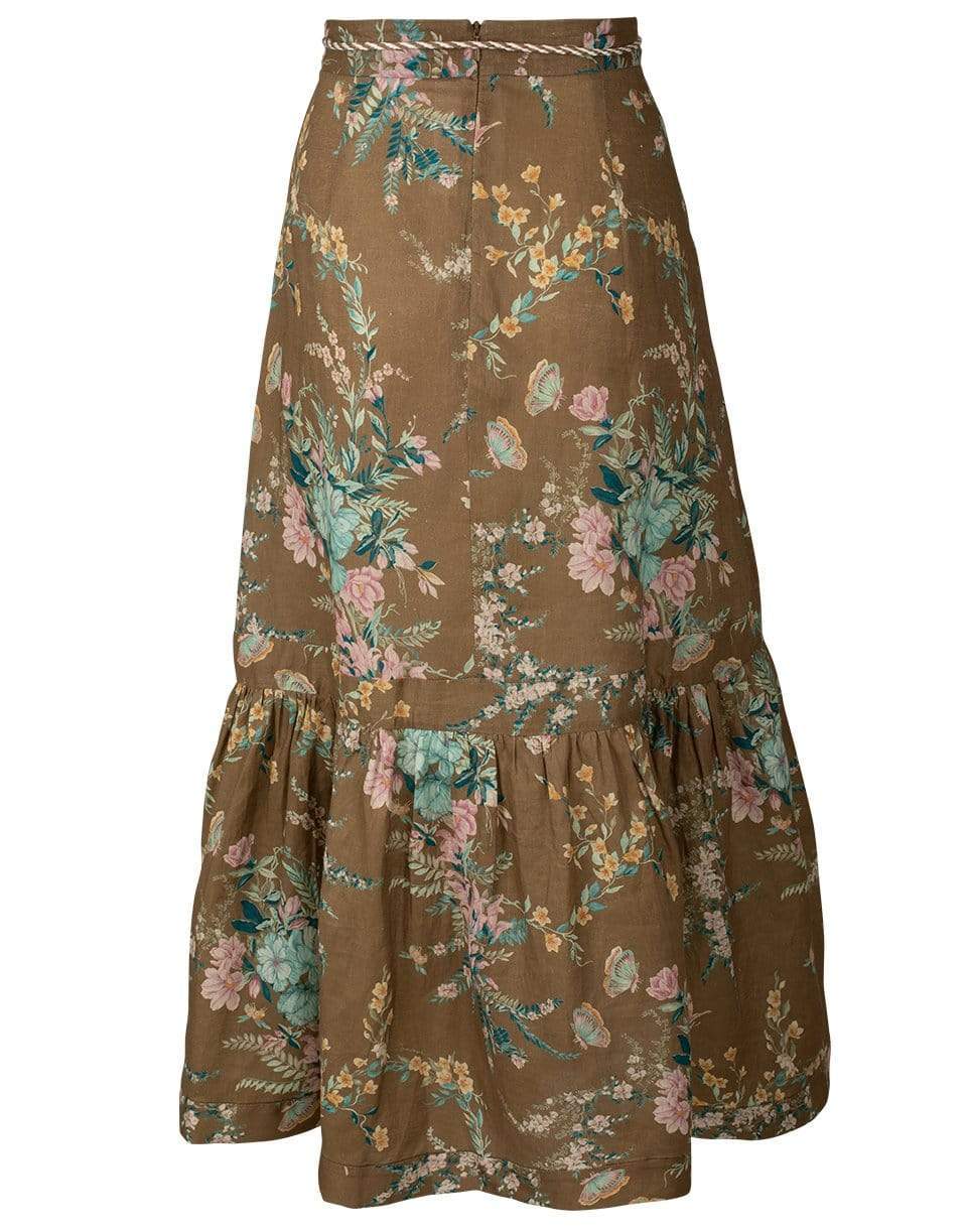 ZIMMERMANN-Brown Floral Cassia Frill Hem Midi Skirt-
