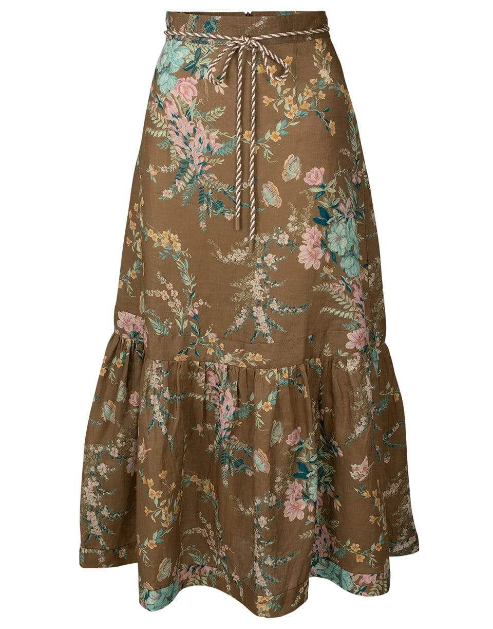 ZIMMERMANN-Brown Floral Cassia Frill Hem Midi Skirt-