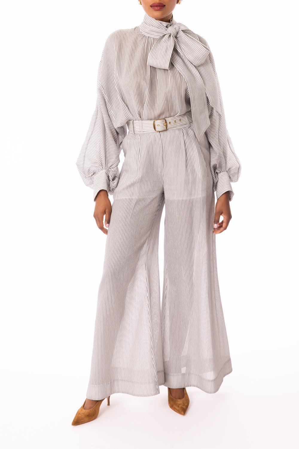 トップス HYKE STRIPE HAMMER SATINBACKRIBON BLOUSE STRIPE HAMMER SATIN BACK RIBBON