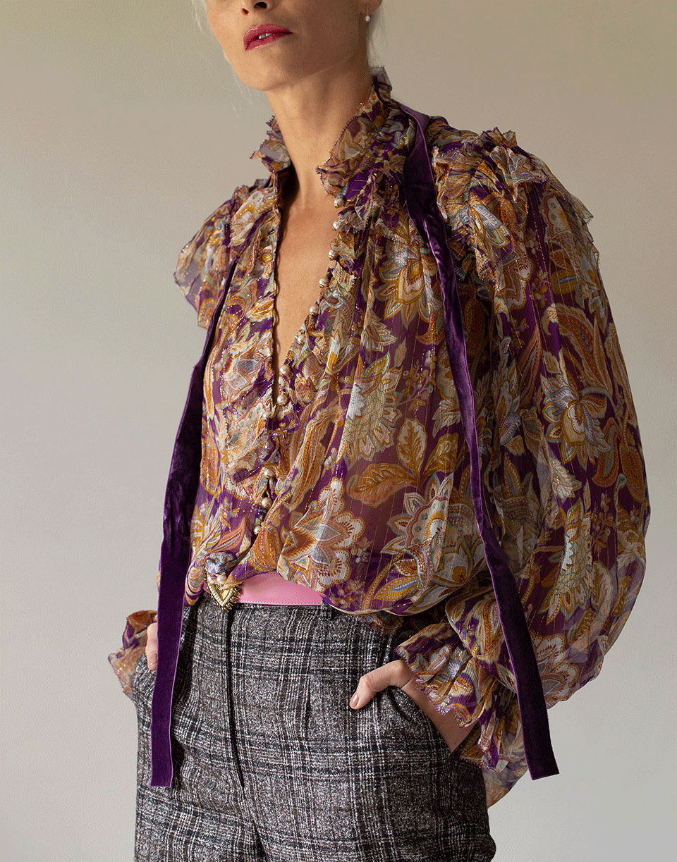ZIMMERMANN-Purple Jacobean Ladybettle Ruffled Lurex Top-