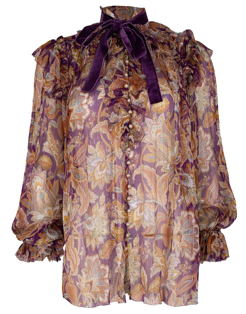 ZIMMERMANN-Purple Jacobean Ladybettle Ruffled Lurex Top-