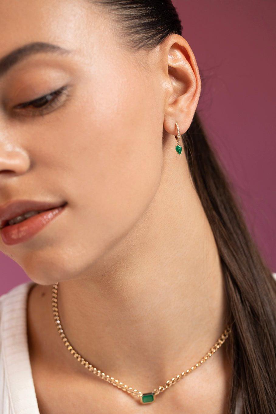 ZOE CHICCO-Diamond Emerald Drop Huggie Earrings-YELLOW GOLD