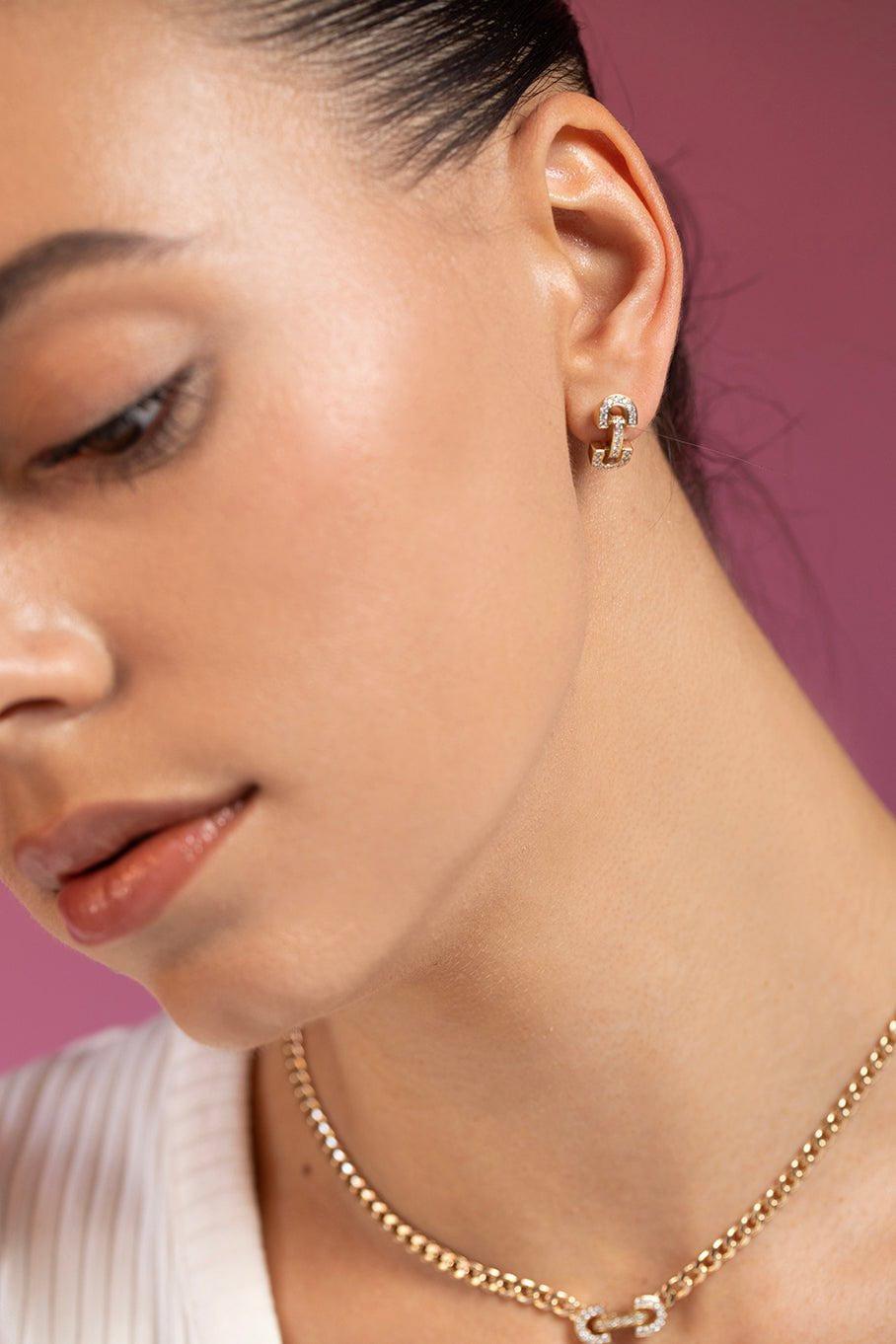 ZOE CHICCO-Vintage Link Diamond Horsebit Studs-YELLOW GOLD