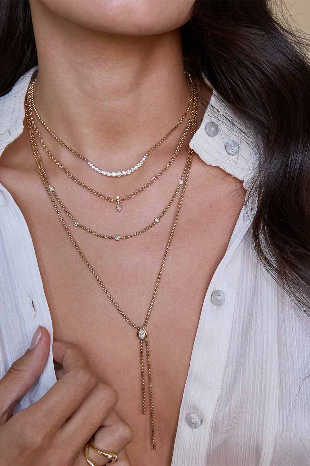 Diamond Graduating Bezel Box Chain Necklace-YELLOW GOLD-16-18-JEWELRYFINE JEWELNECKLACE O-ZOE CHICCO