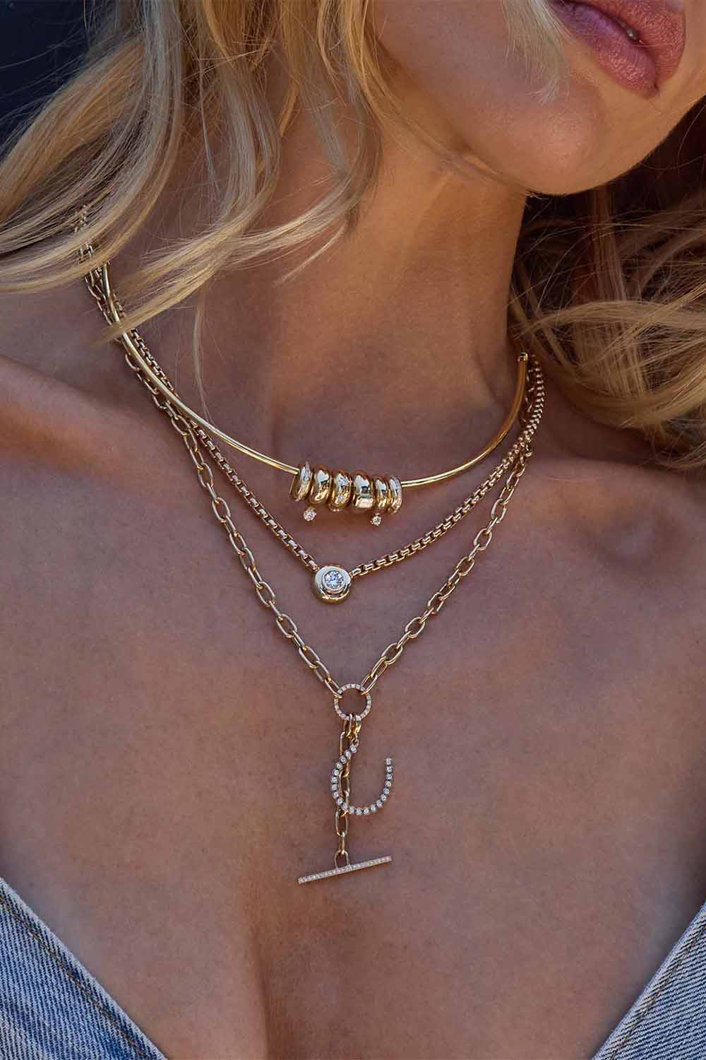 Diamond Slider Bead Choker Collar Necklace-YELLOW GOLD-16-18-JEWELRYFINE JEWELNECKLACE O-ZOE CHICCO