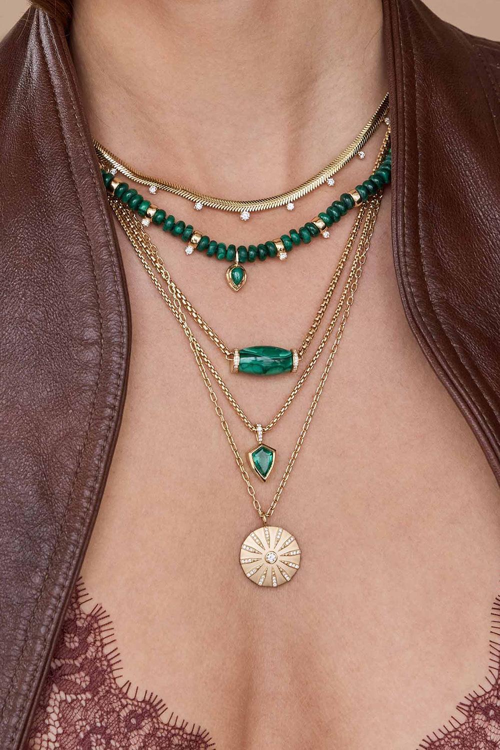 Malachite Diamond Four Prong Rondelle Beaded Necklace-YELLOW GOLD-16-18-JEWELRYFINE JEWELNECKLACE O-ZOE CHICCO