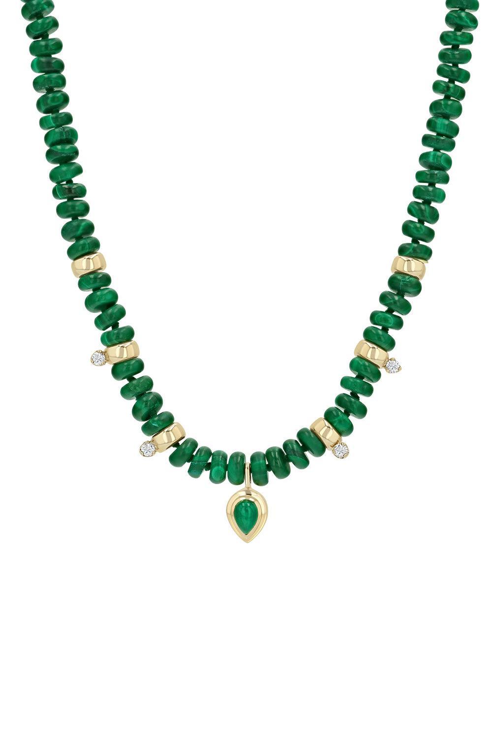 Malachite Diamond Four Prong Rondelle Beaded Necklace-YELLOW GOLD-16-18-JEWELRYFINE JEWELNECKLACE O-ZOE CHICCO