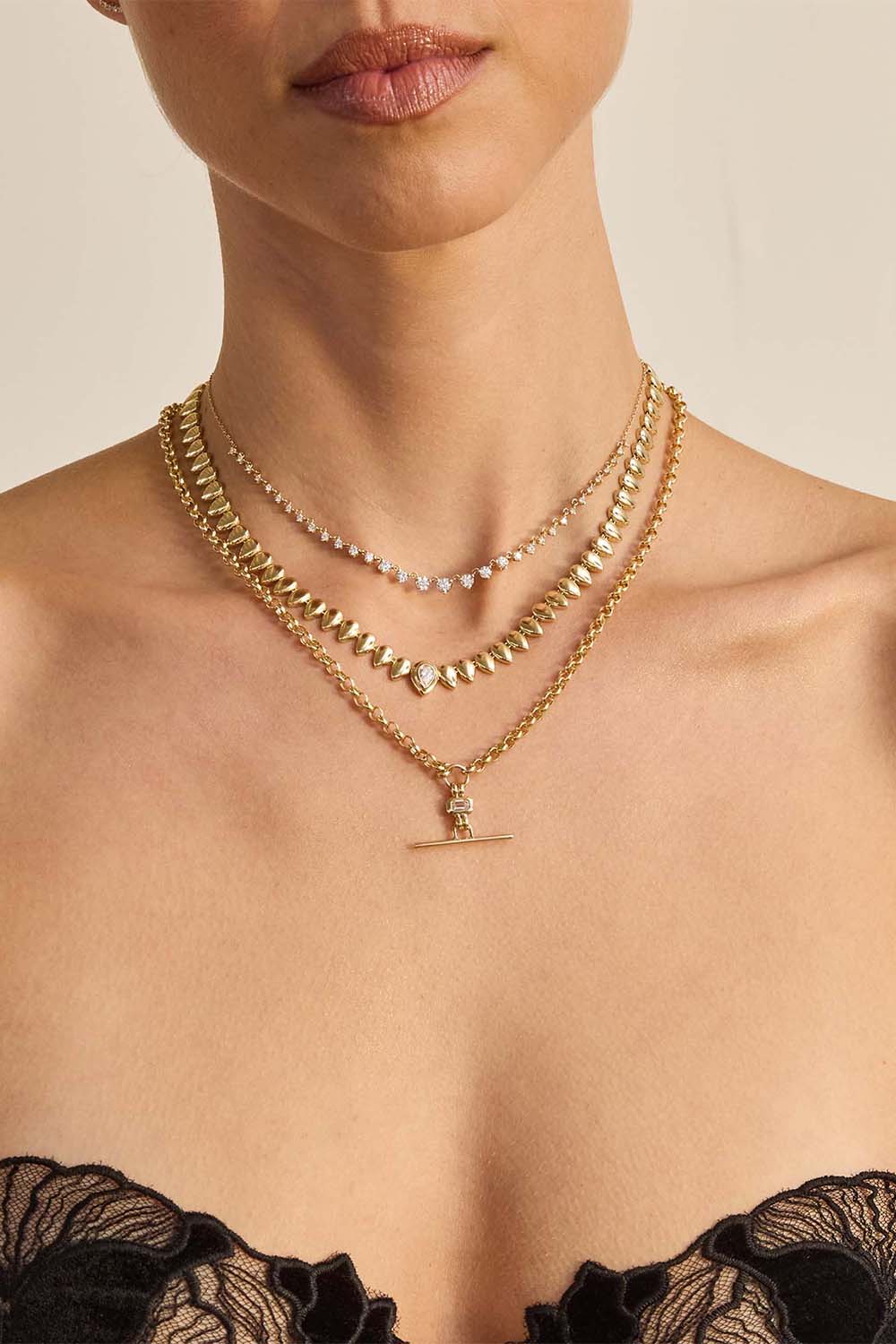 Diamond Bezel Teardrop Link Necklace-YELLOW GOLD-16-JEWELRYFINE JEWELNECKLACE O-ZOE CHICCO