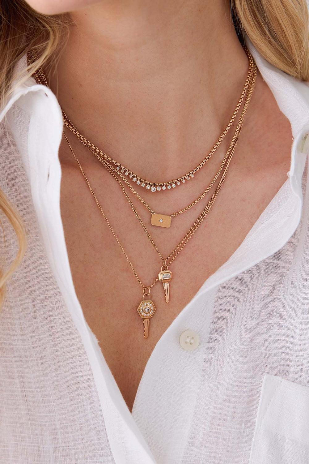 Diamond Hexagon Halo Key Pendant Necklace-YELLOW GOLD-18-20-JEWELRYFINE JEWELNECKLACE O-ZOE CHICCO