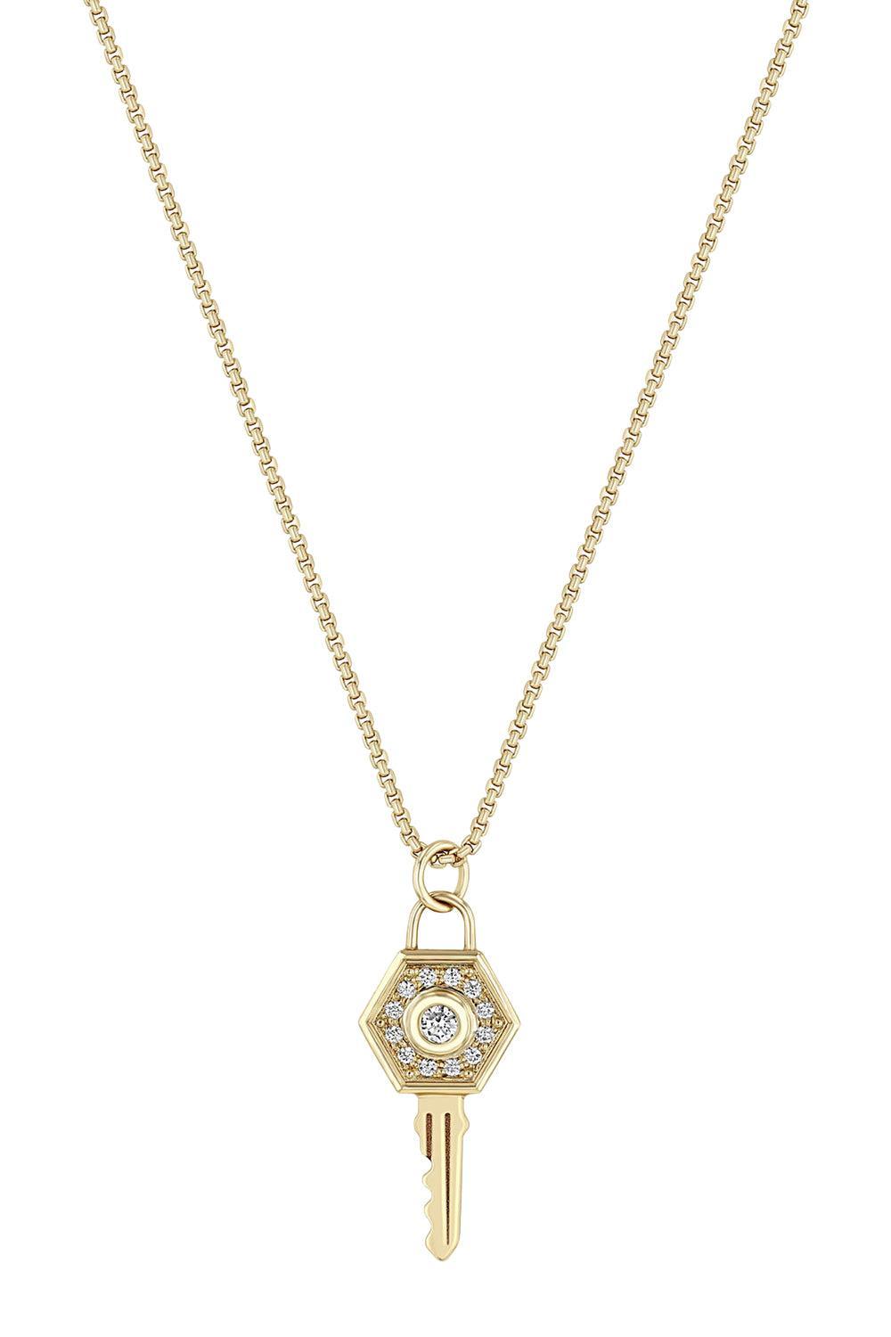 Diamond Hexagon Halo Key Pendant Necklace-YELLOW GOLD-18-20-JEWELRYFINE JEWELNECKLACE O-ZOE CHICCO