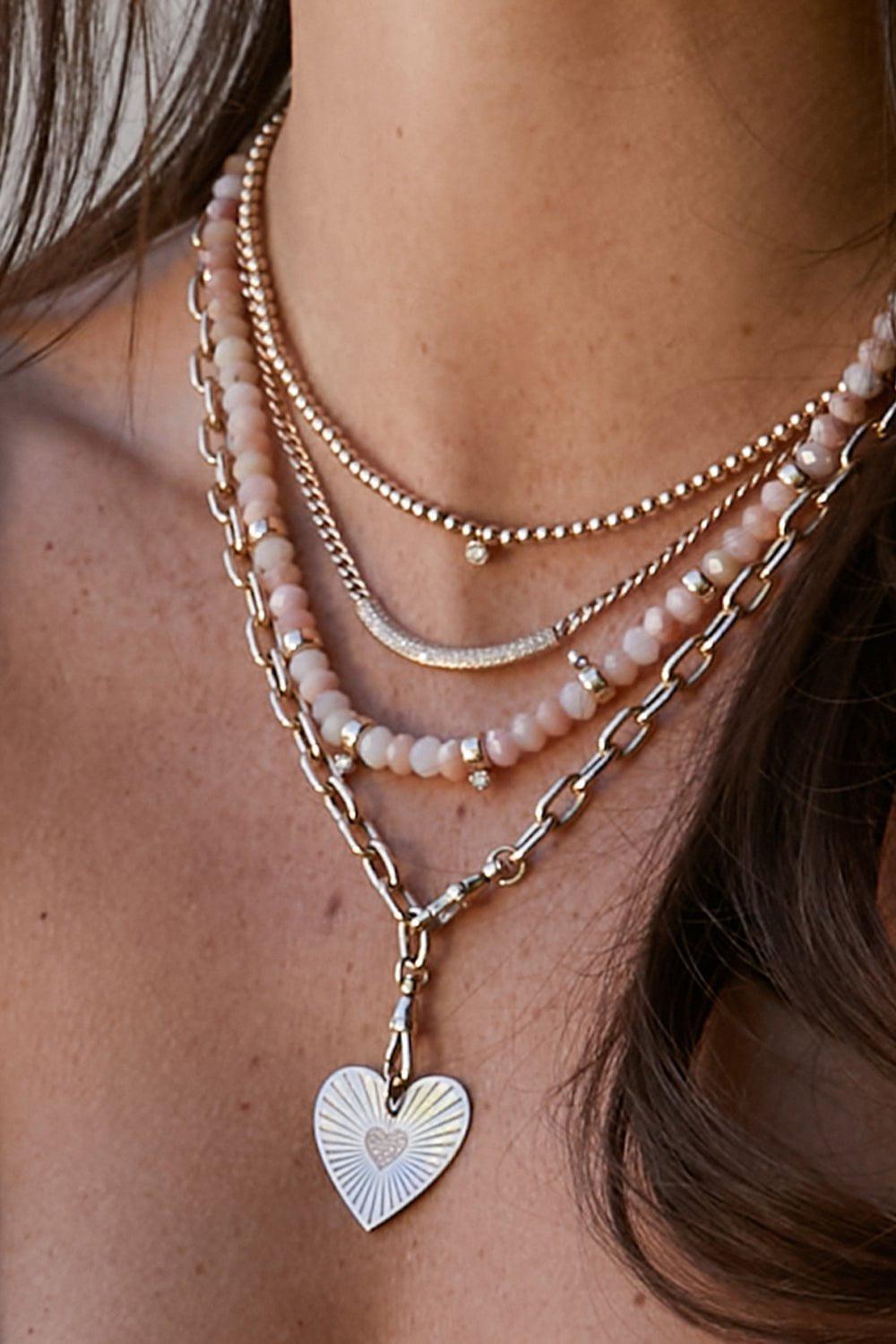 ZOE CHICCO-Three Prong Diamond Pink Opal Rondelle Bead Necklace-YELLOW GOLD