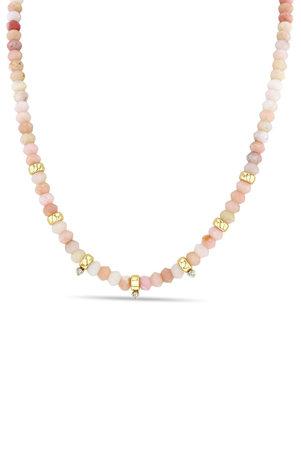 ZOE CHICCO-Three Prong Diamond Pink Opal Rondelle Bead Necklace-YELLOW GOLD