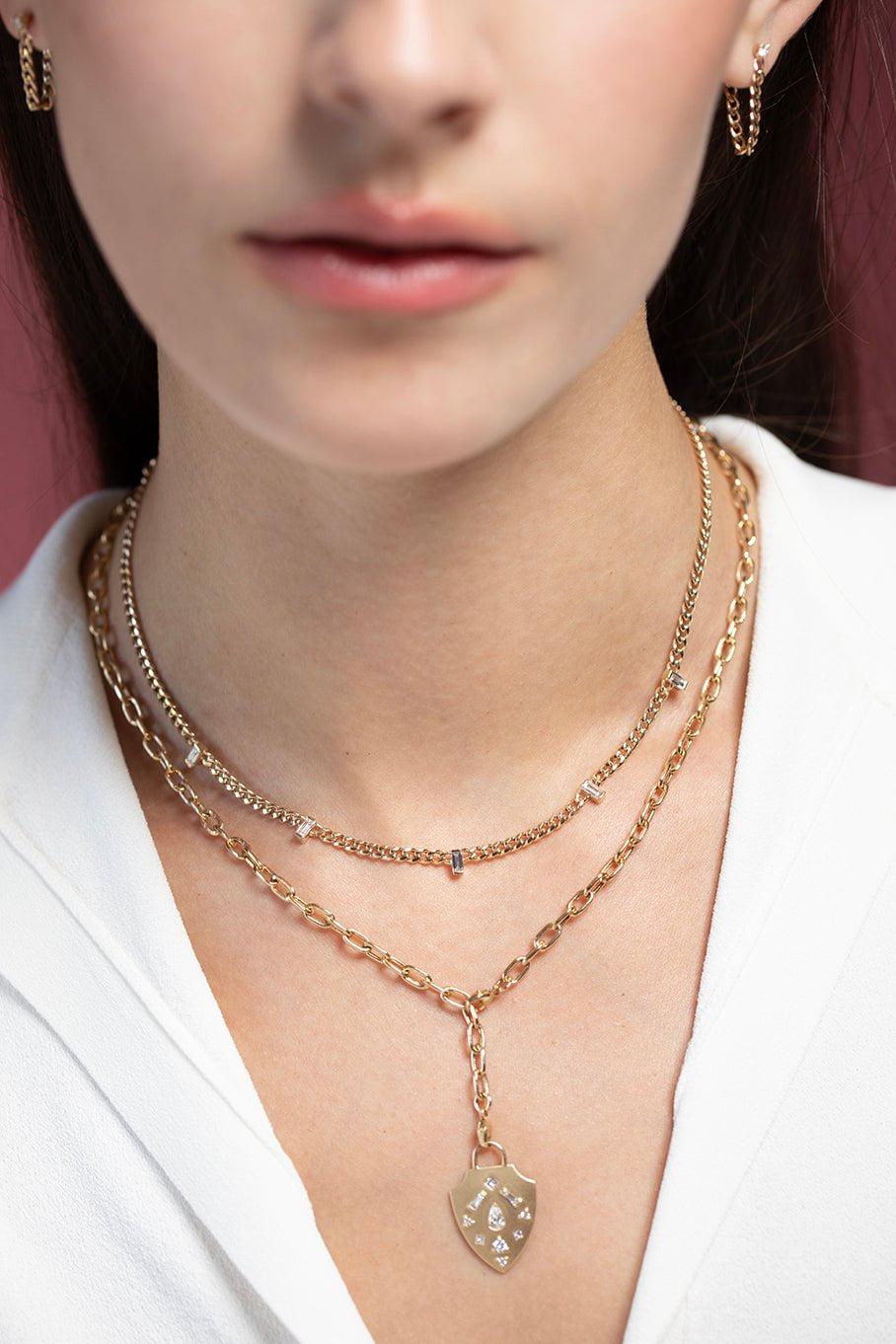 ZOE CHICCO-Curb Chain Baguette Diamond Necklace-YELLOW GOLD