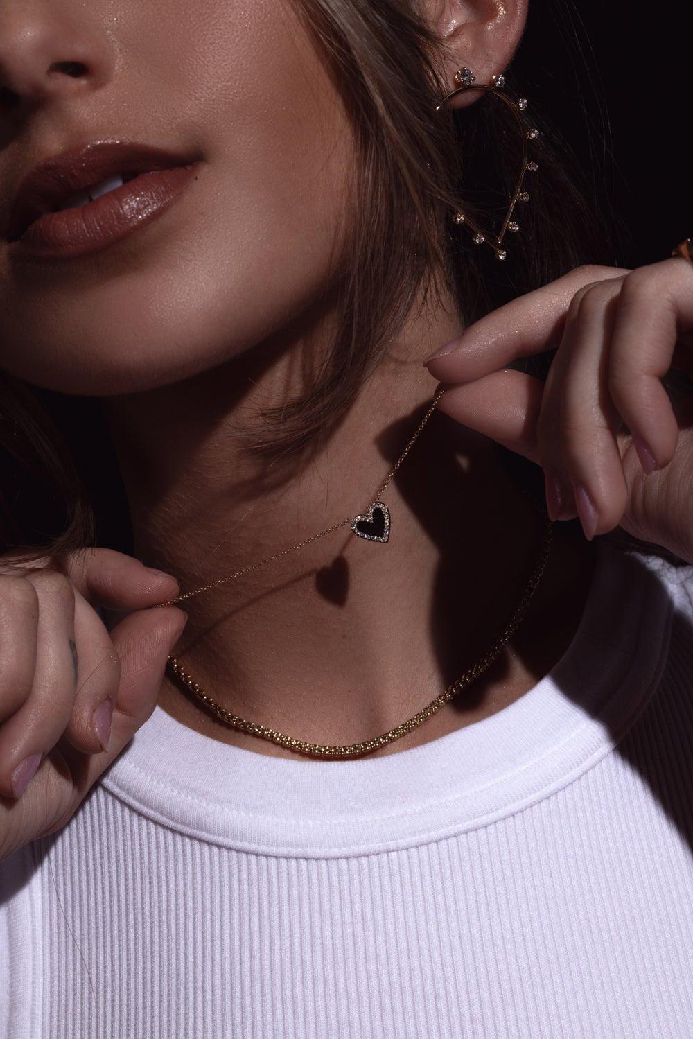 ZOE CHICCO-Diamond Border Heart Necklace-YELLOW GOLD