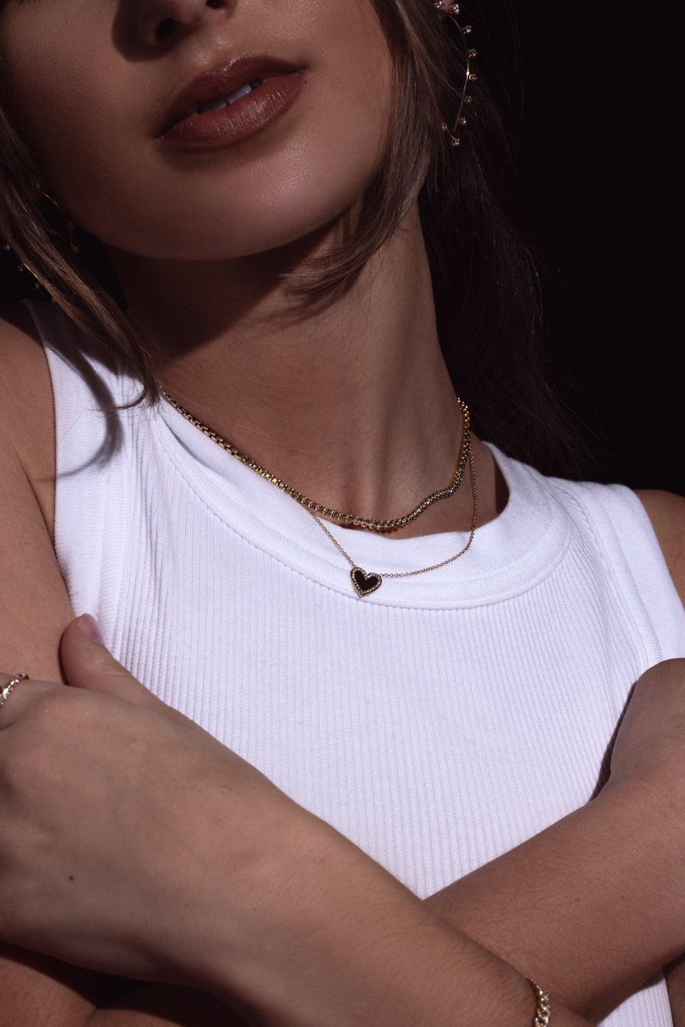 ZOE CHICCO-Diamond Border Heart Necklace-YELLOW GOLD