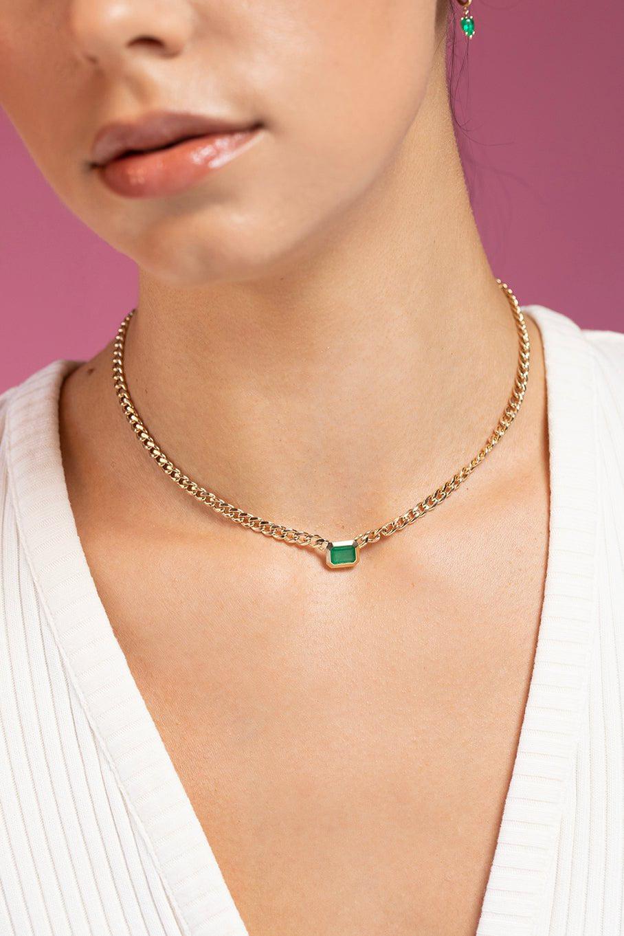 ZOE CHICCO-Emerald Curb Chain Necklace-YELLOW GOLD