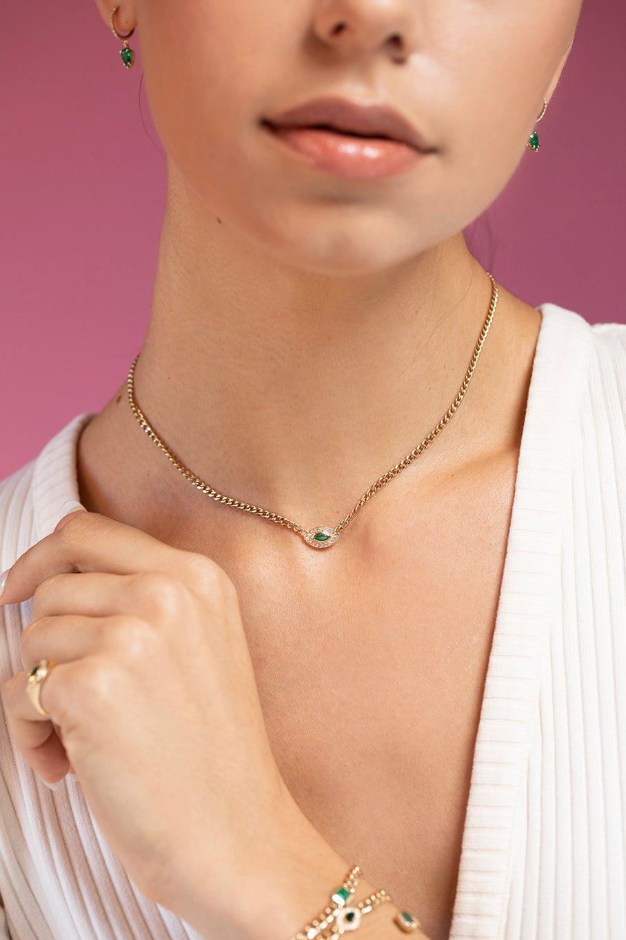 ZOE CHICCO-Emerald Diamond Eye Curb Chain Necklace-YELLOW GOLD