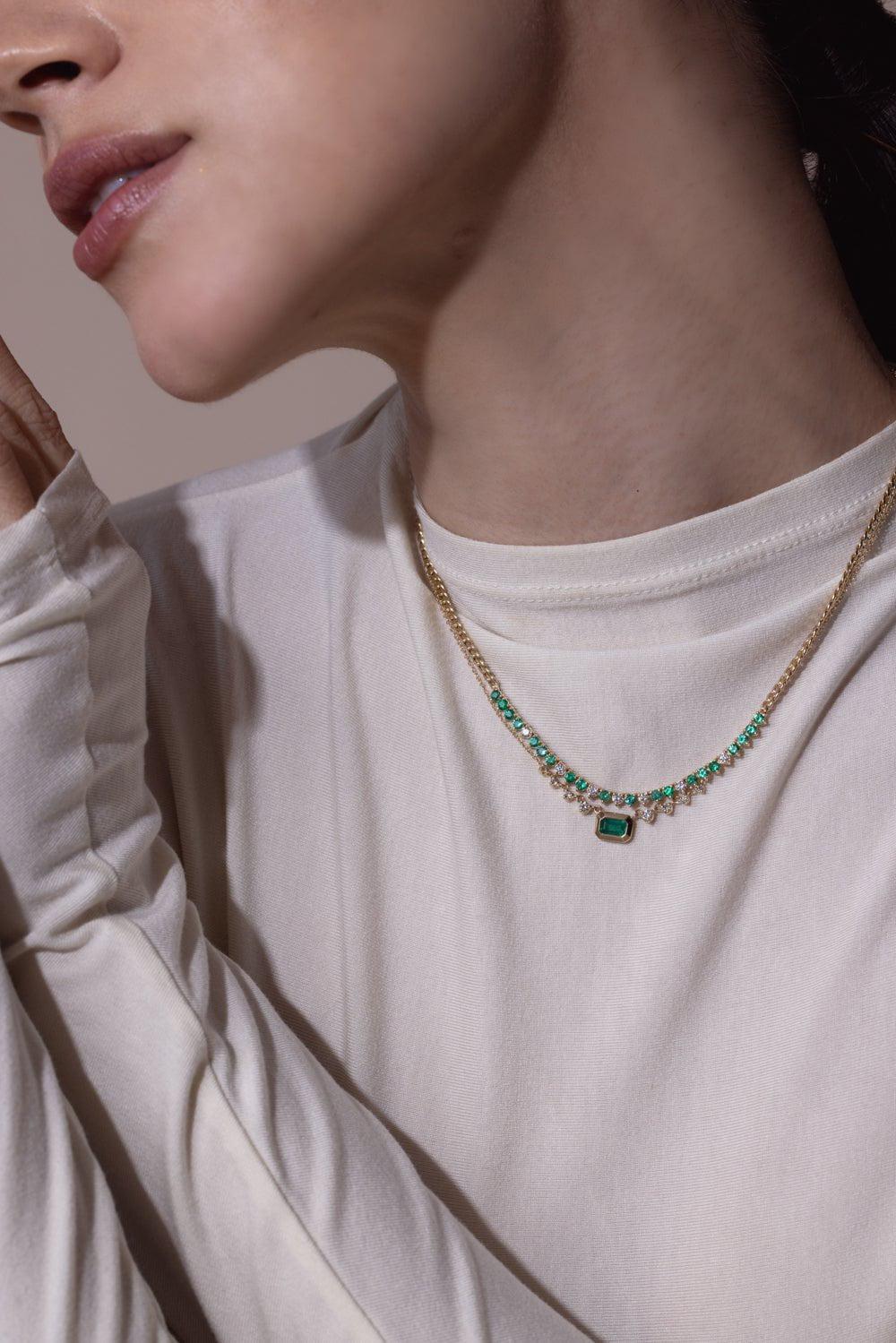 ZOE CHICCO-Emerald Graduating Bezel Necklace-YELLOW GOLD