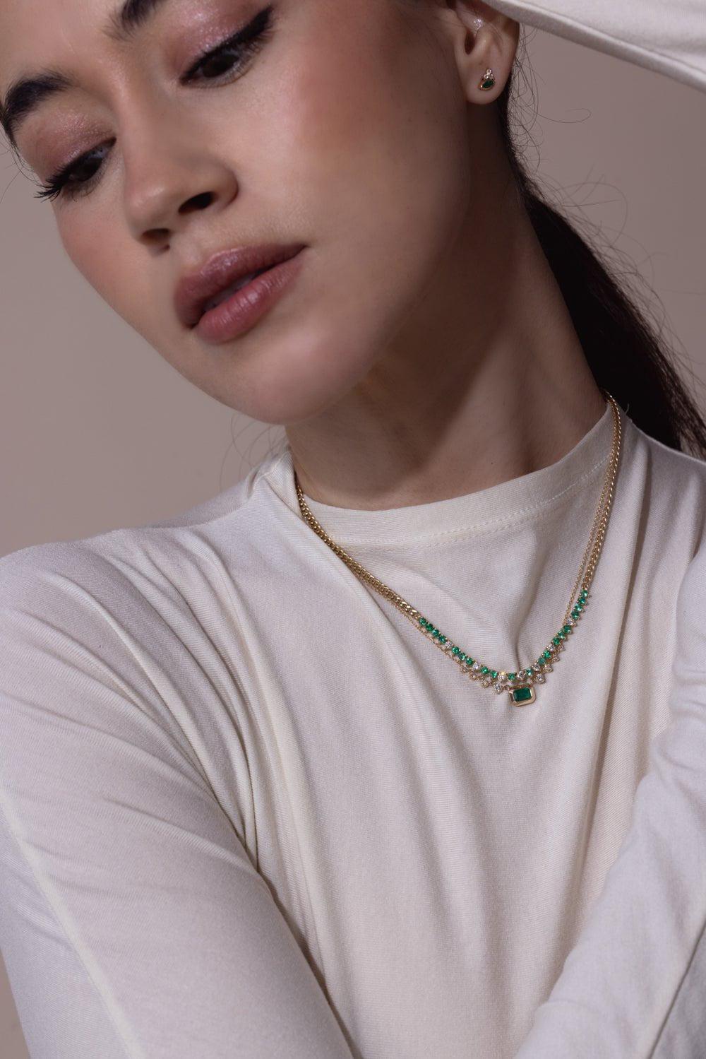 ZOE CHICCO-Emerald Graduating Bezel Necklace-YELLOW GOLD