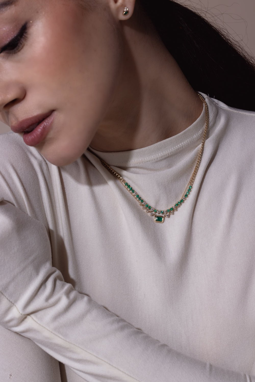 ZOE CHICCO-Emerald Graduating Bezel Necklace-YELLOW GOLD