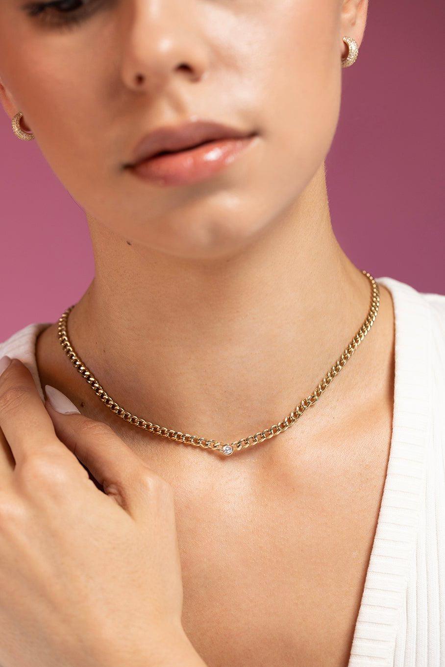 ZOE CHICCO-Floating Diamond Curb Chain Necklace - Medium-YELLOW GOLD