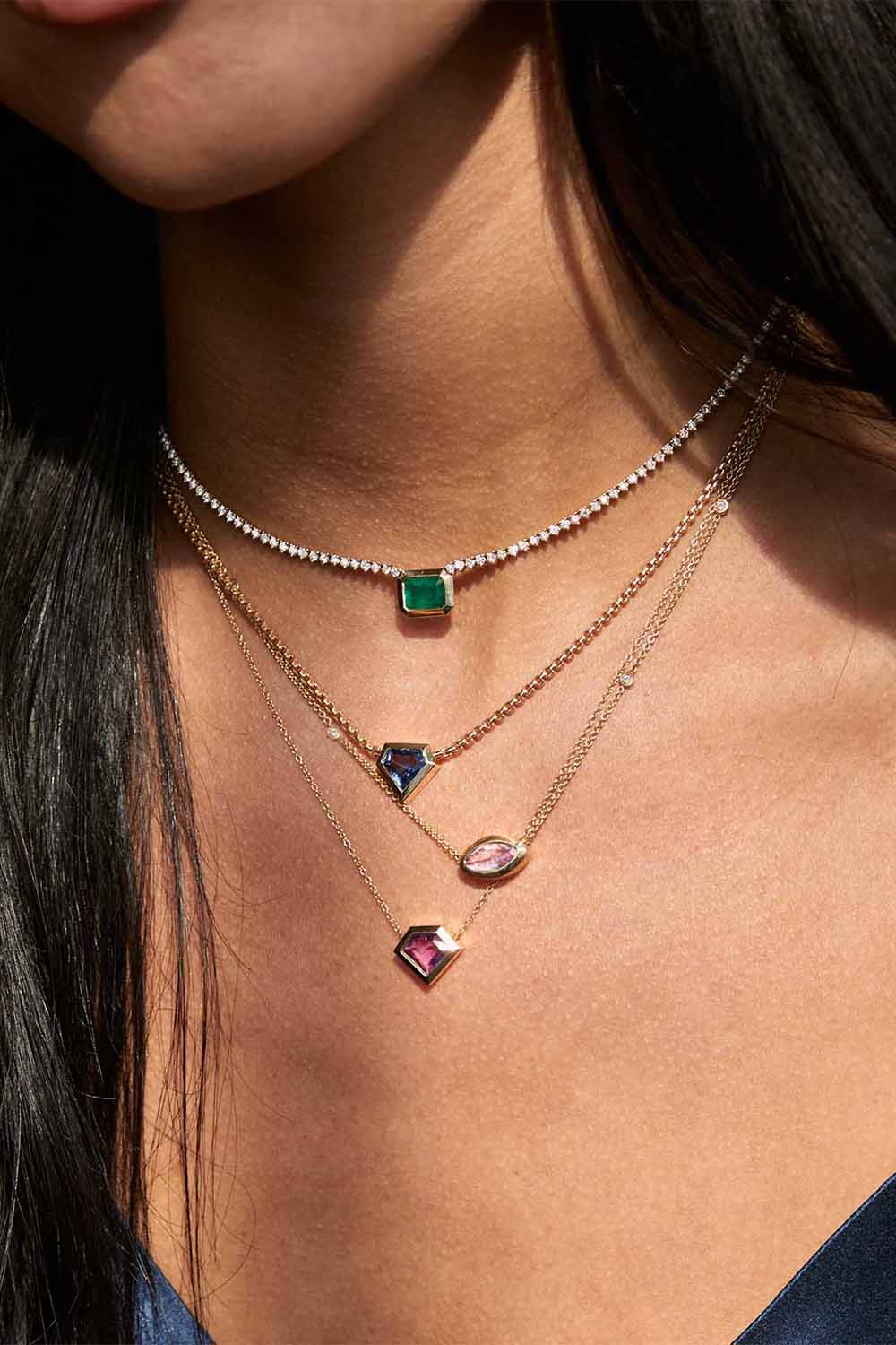 ZOE CHICCO-Prong Diamond Emerald Pendant Tennis Necklace-YELLOW GOLD