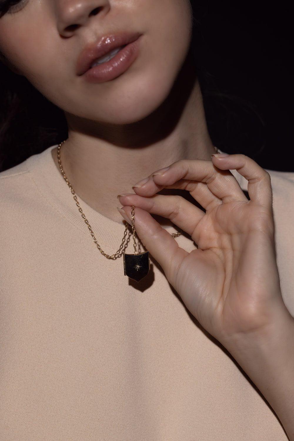 ZOE CHICCO-Shield Locket Lariat Necklace-YELLOW GOLD