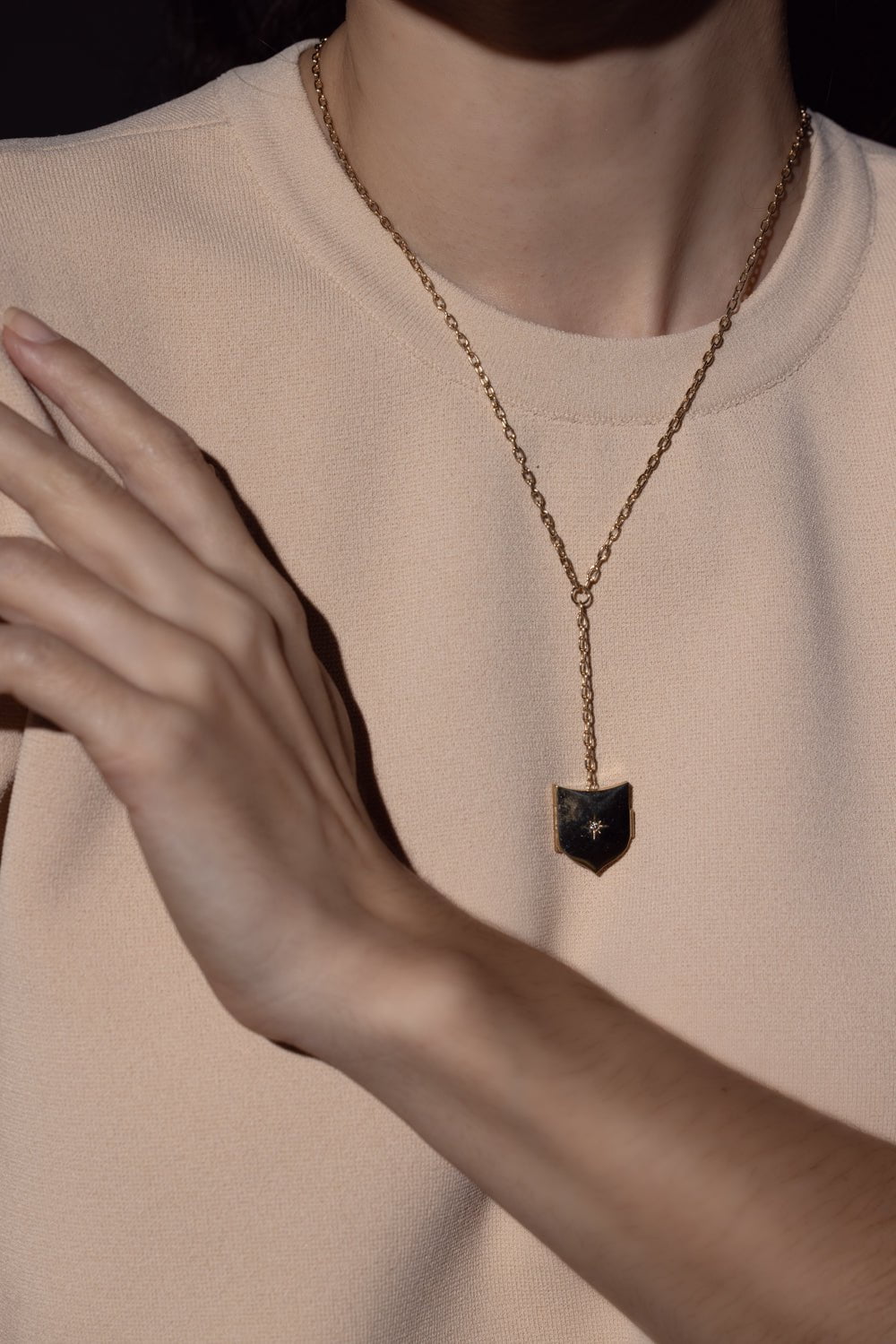 ZOE CHICCO-Shield Locket Lariat Necklace-YELLOW GOLD