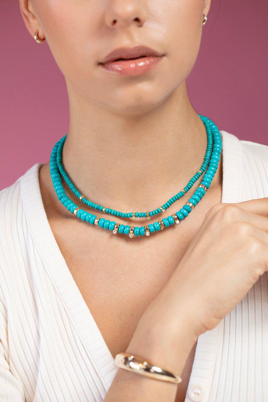 ZOE CHICCO-Turquoise Rondelle Diamond Bead Necklace - Large-YELLOW GOLD