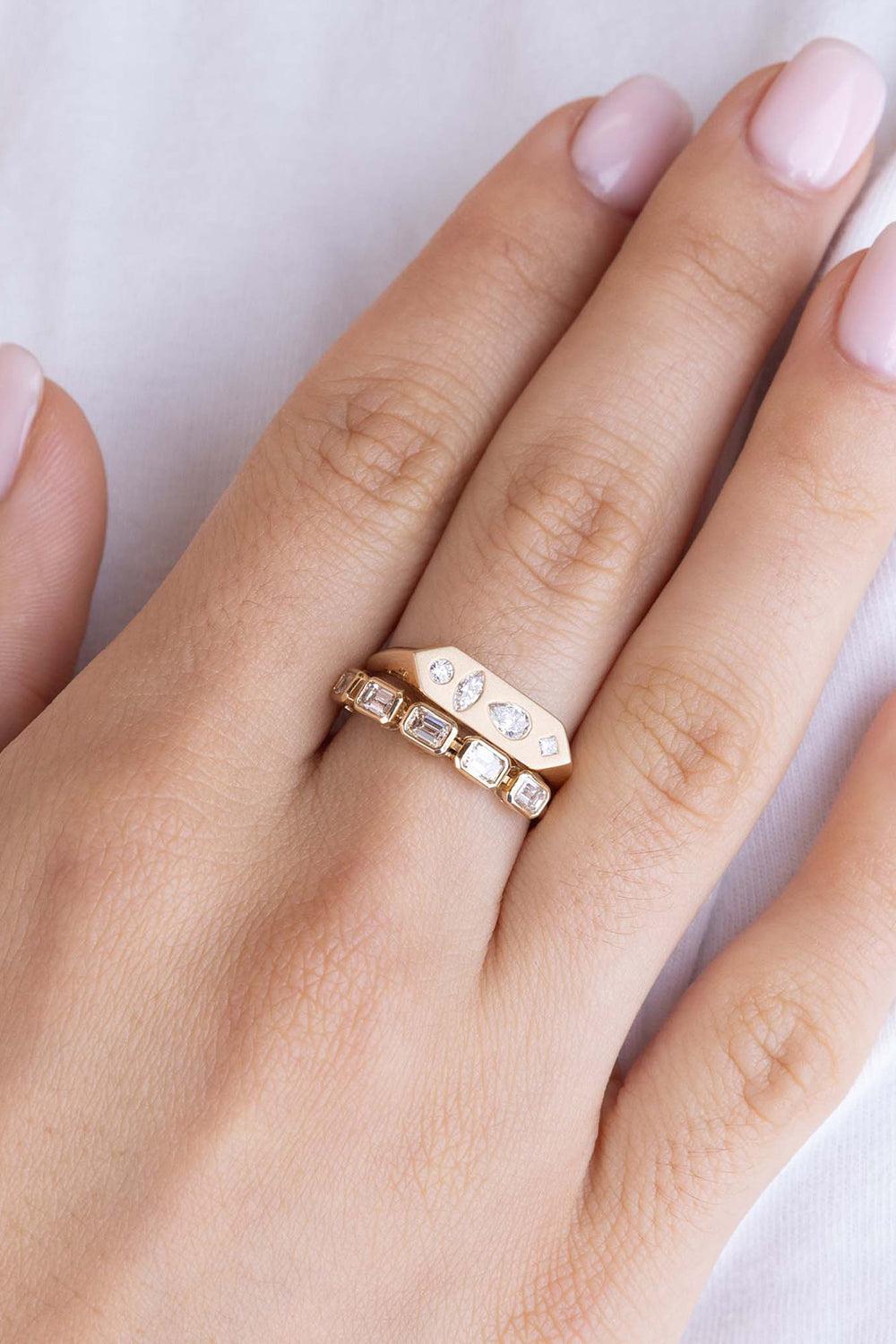 Diamond Mosaic Elongated Hexagon Signet Ring-YELLOW GOLD-6-JEWELRYFINE JEWELRING-ZOE CHICCO