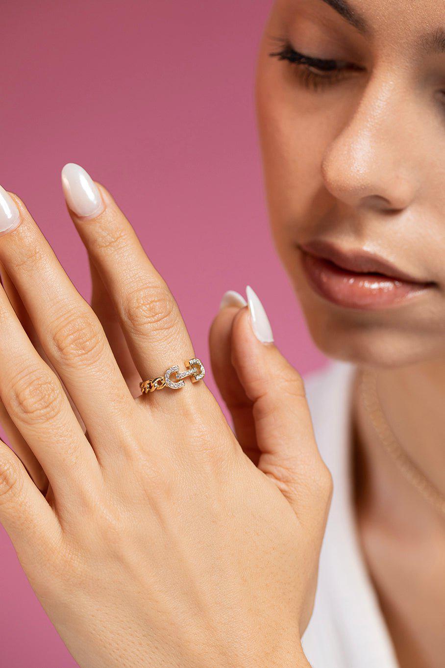 ZOE CHICCO-Vintage Diamond Horsebit Link Curb Chain Ring-YELLOW GOLD