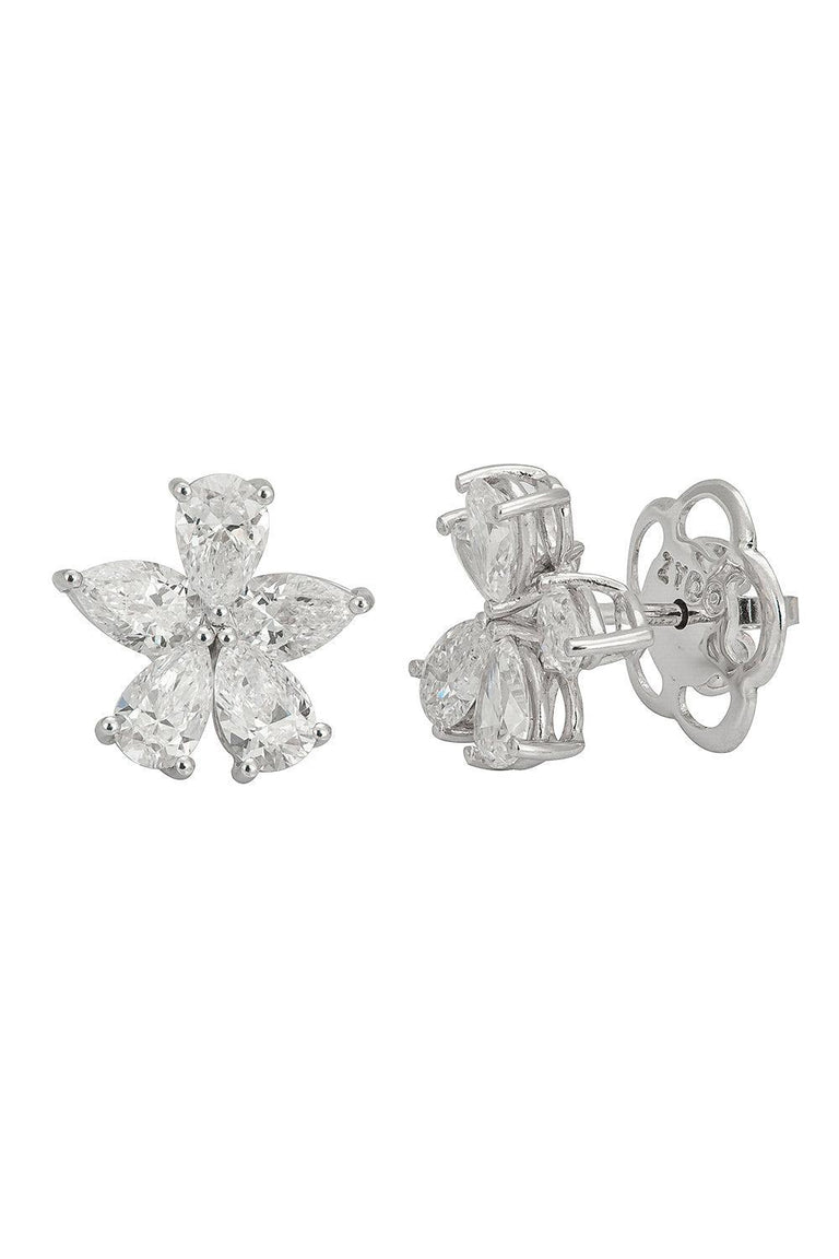Diamond Flower Stud Earrings - White Gold