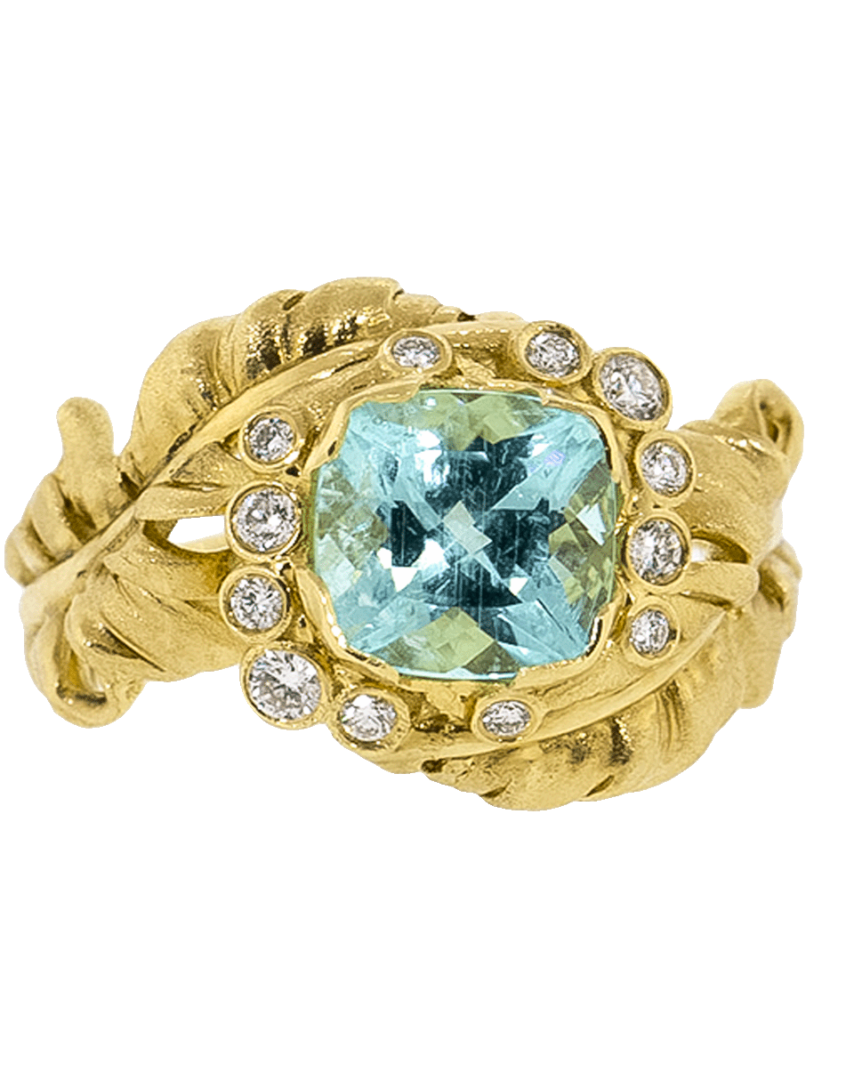 ADAM FOSTER-Plume Collection Paraiba Tourmaline And Diamond Leaf Ring-YELLOW GOLD